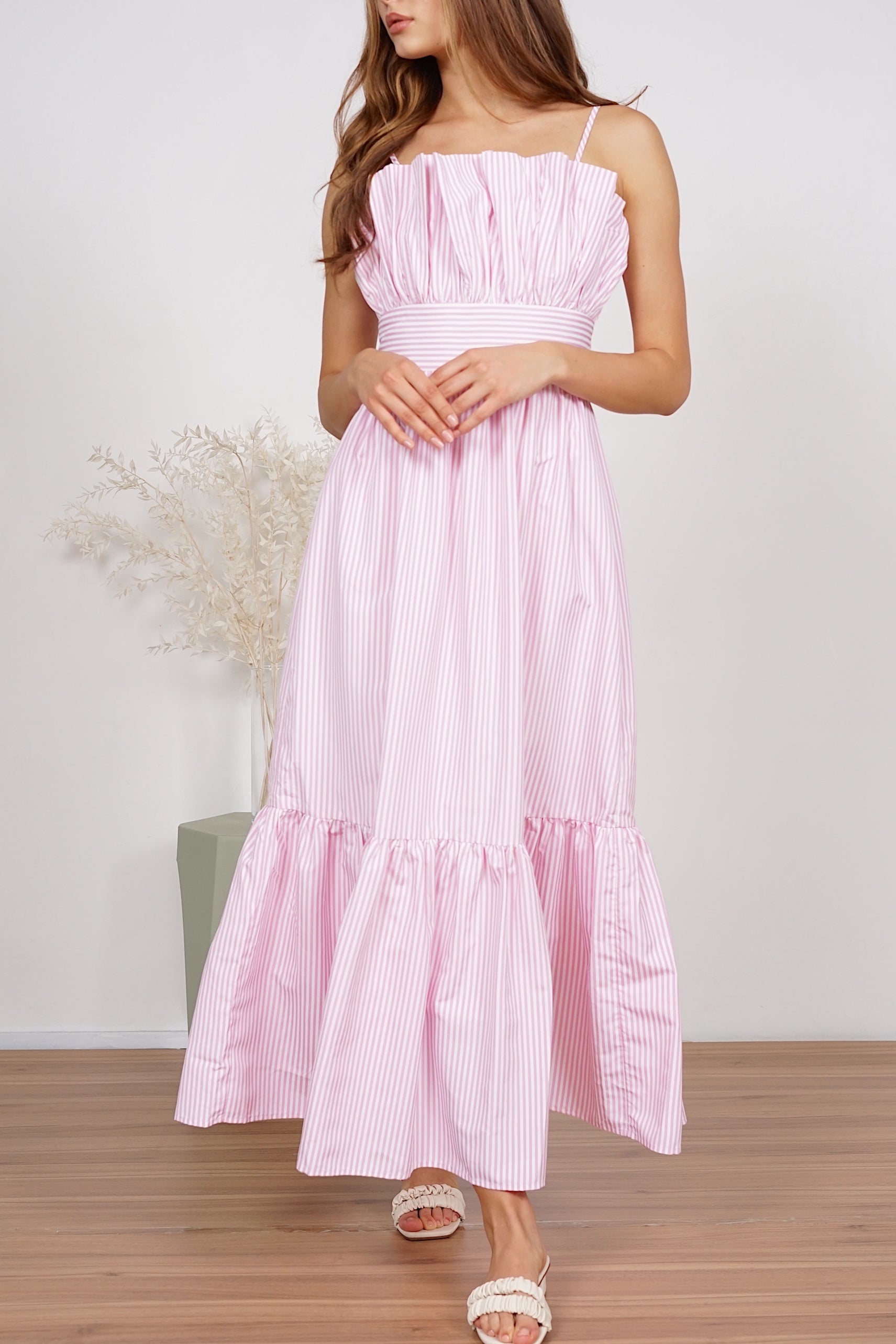 Maya Gathered Dress in Pink Stripes
