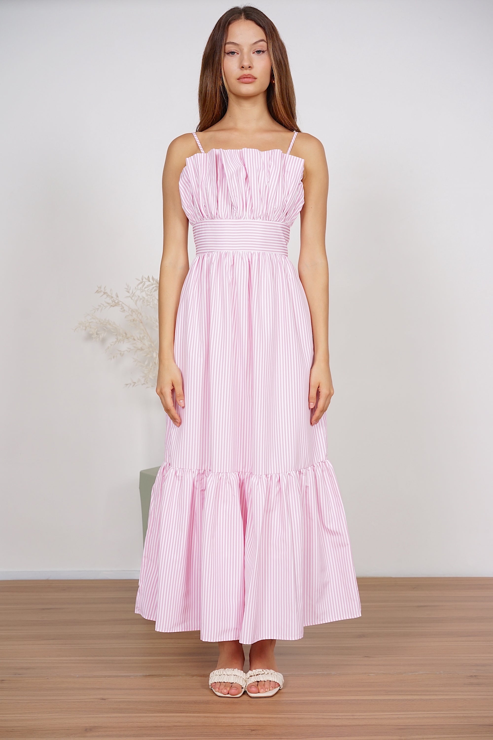 Maya Gathered Dress in Pink Stripes