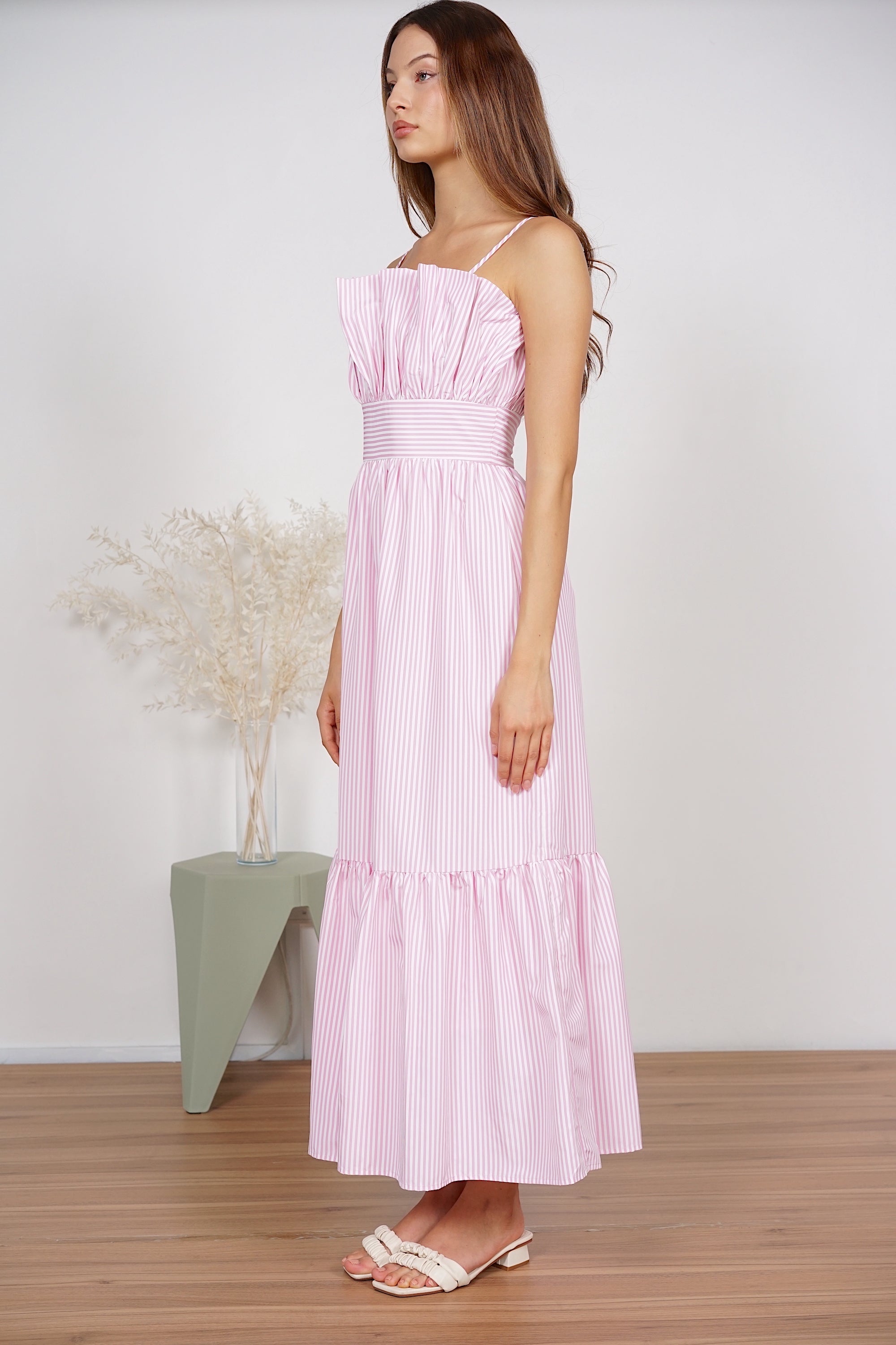 Maya Gathered Dress in Pink Stripes