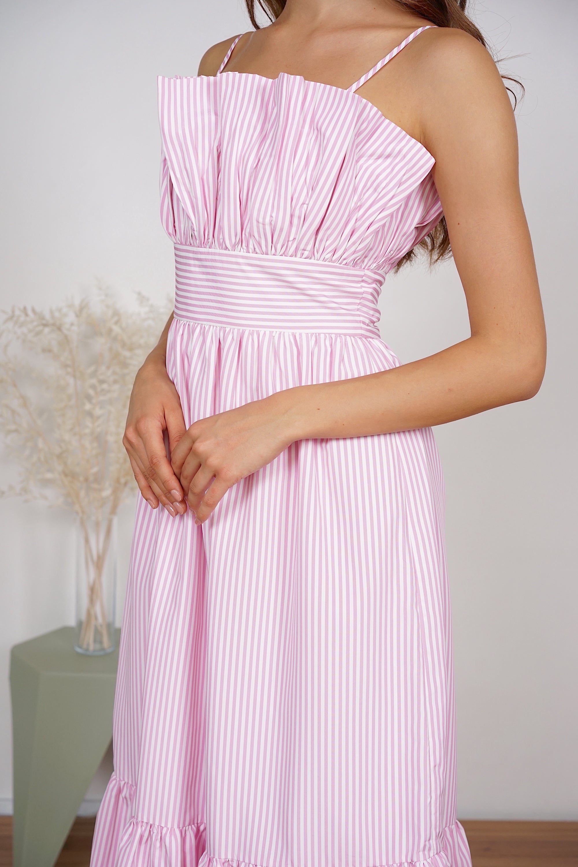 Maya Gathered Dress in Pink Stripes