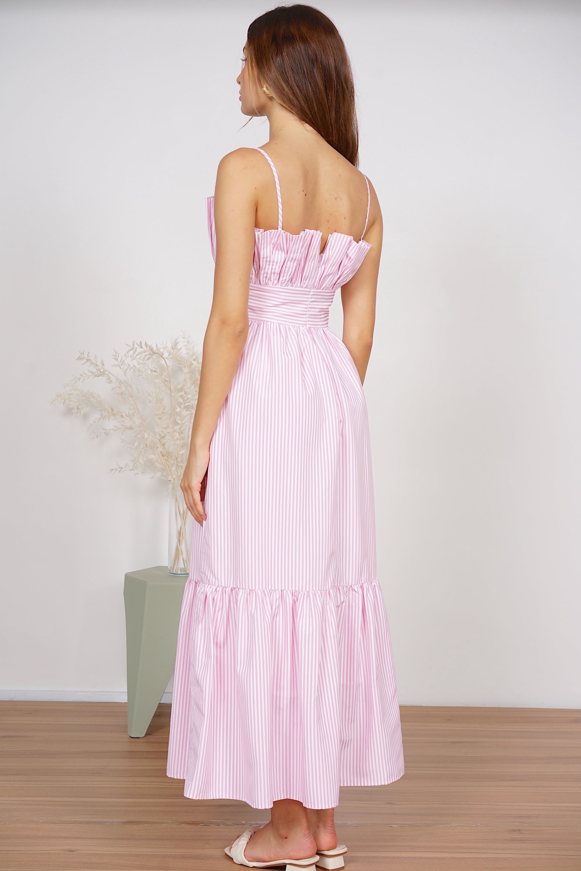 Maya Gathered Dress in Pink Stripes
