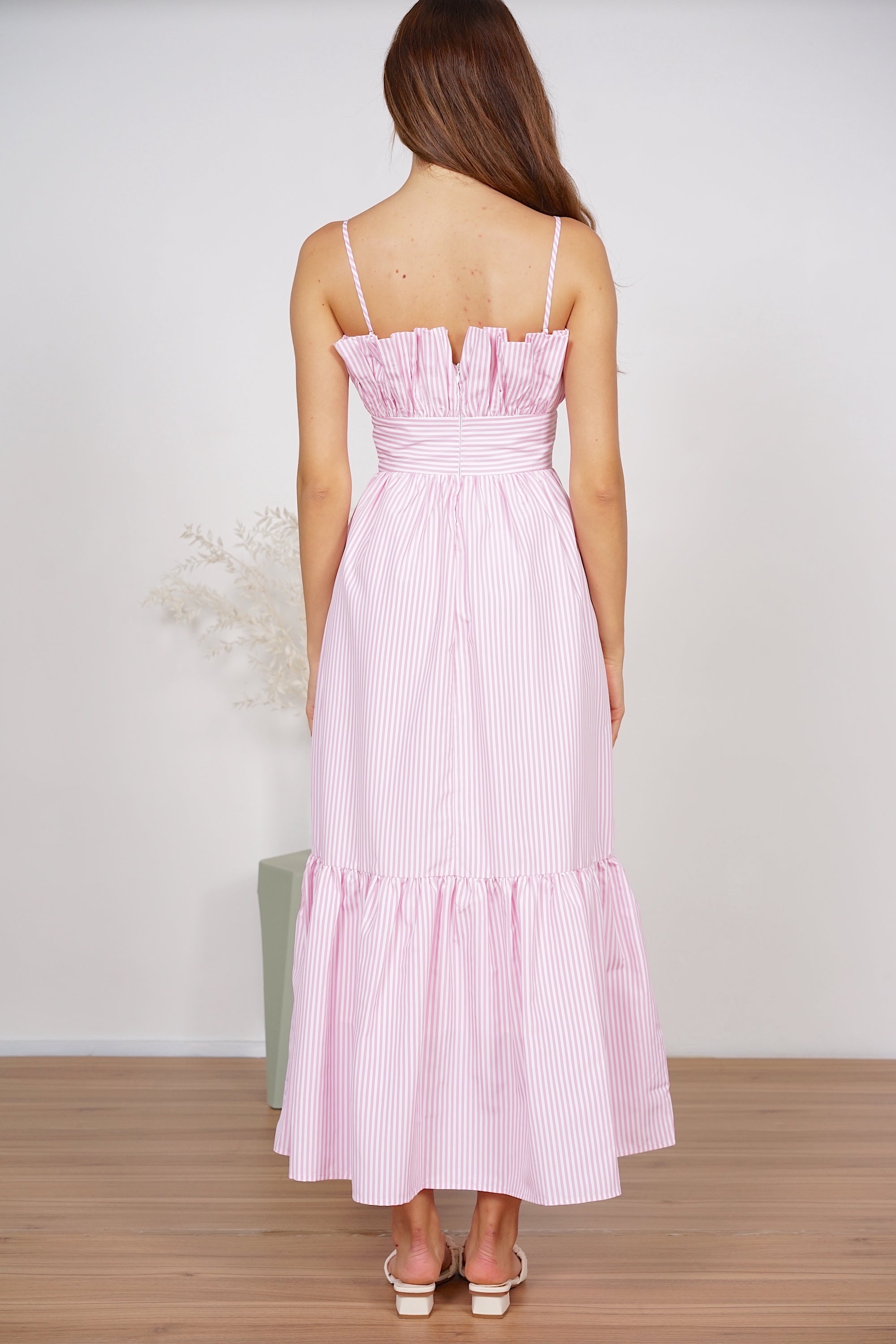 Maya Gathered Dress in Pink Stripes