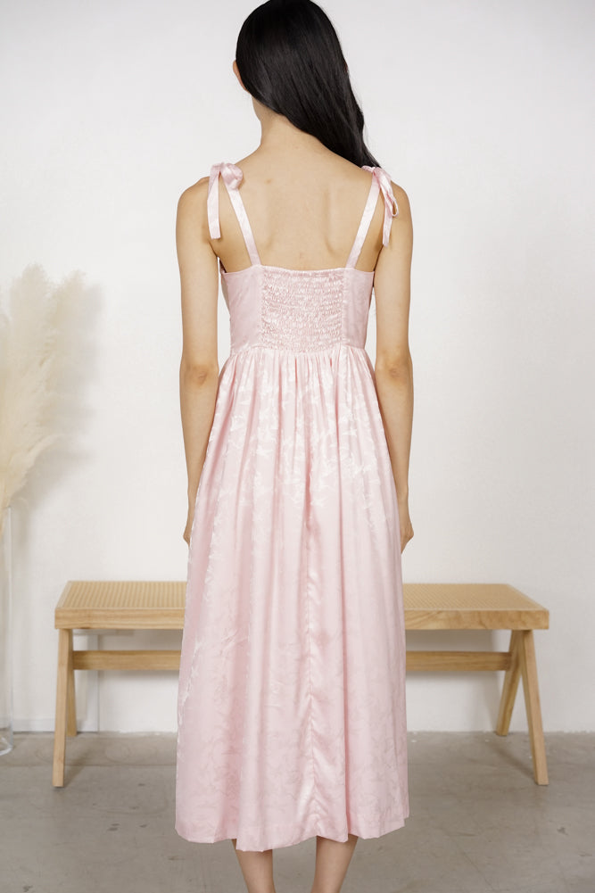 Averie Cutout Gathered Dress in Pink Jacquard