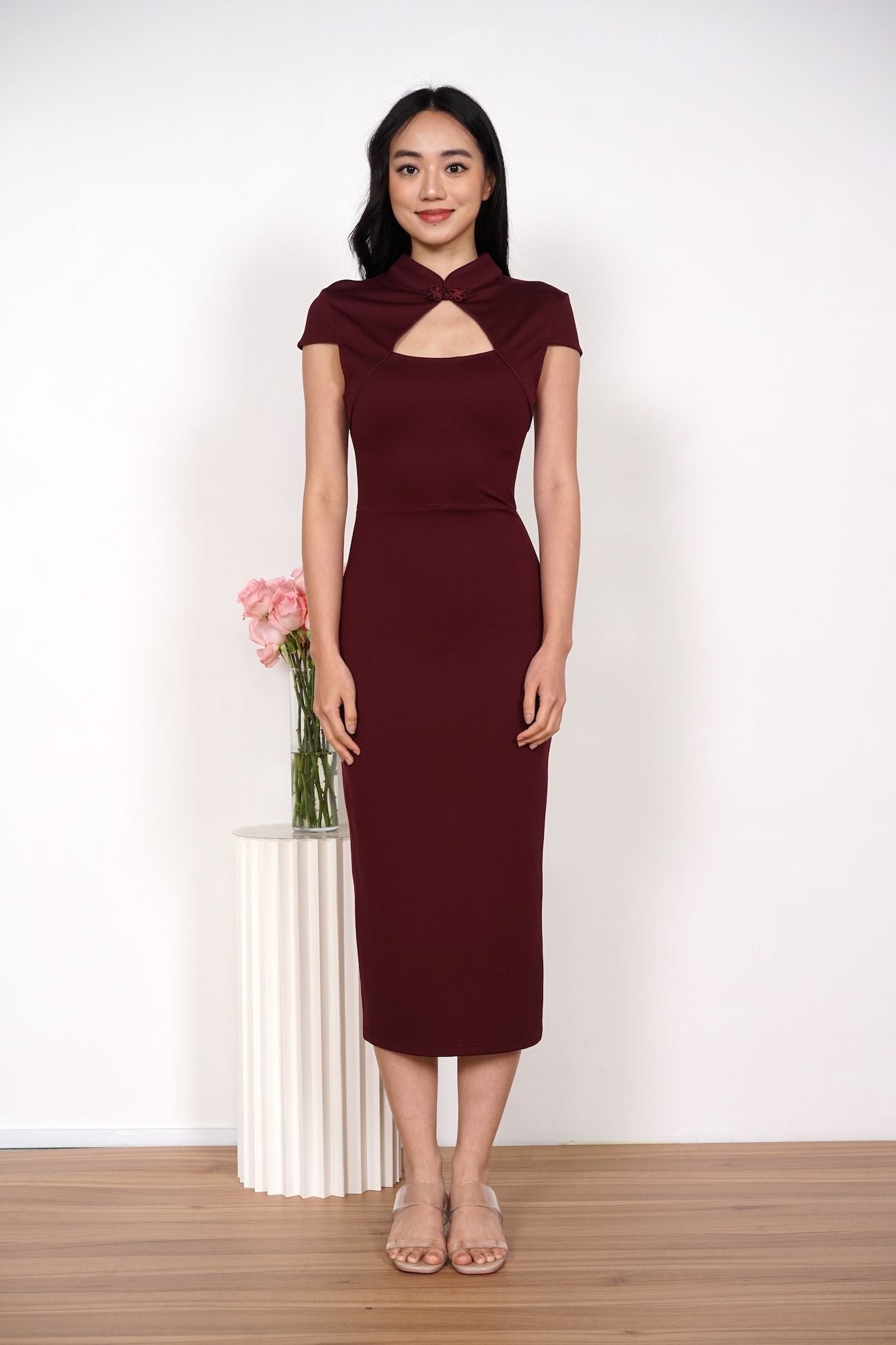 Valia Cheongsam Midi Dress in Maroon