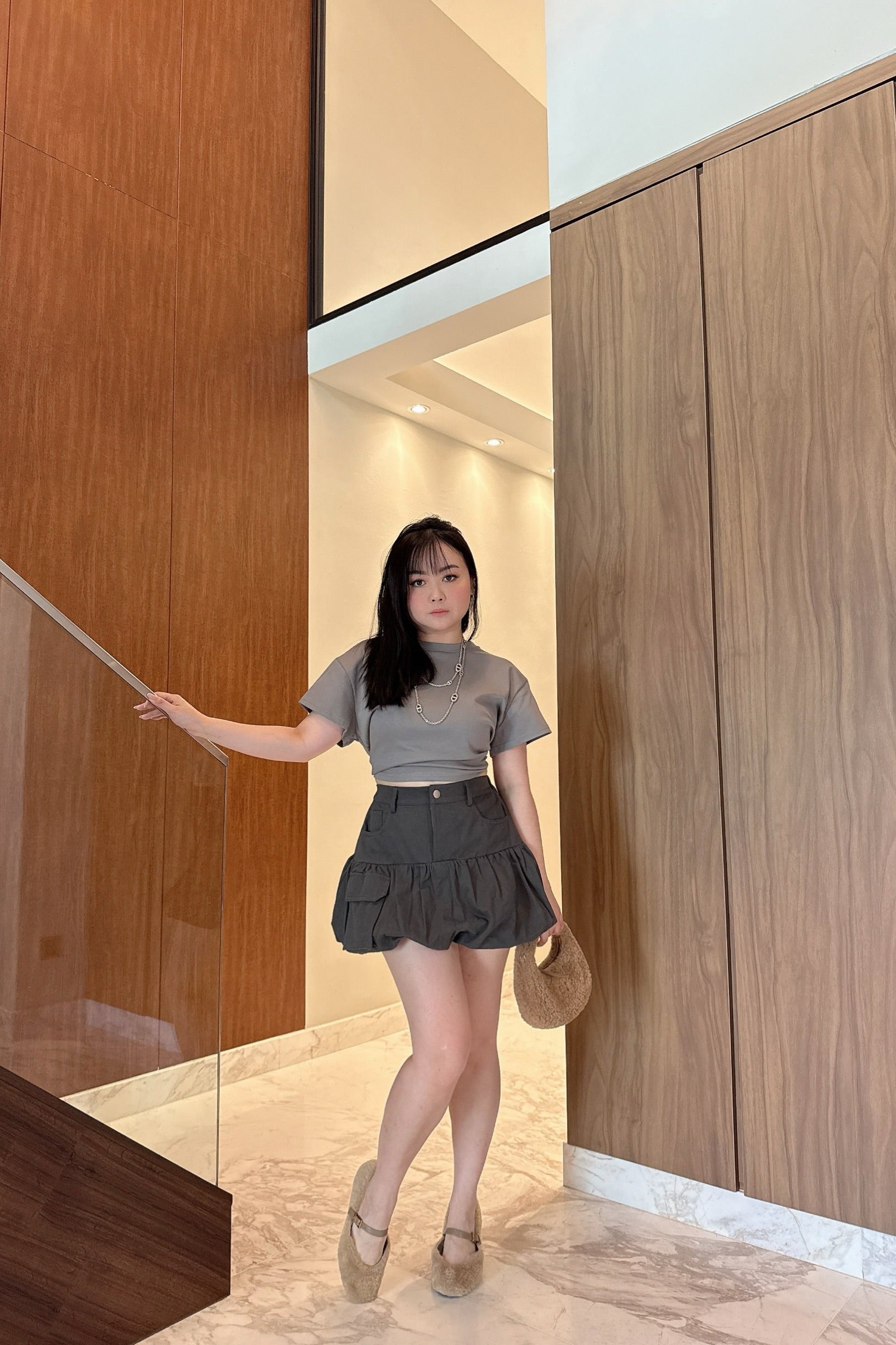 Bubble-Hem Skorts in Slate Grey