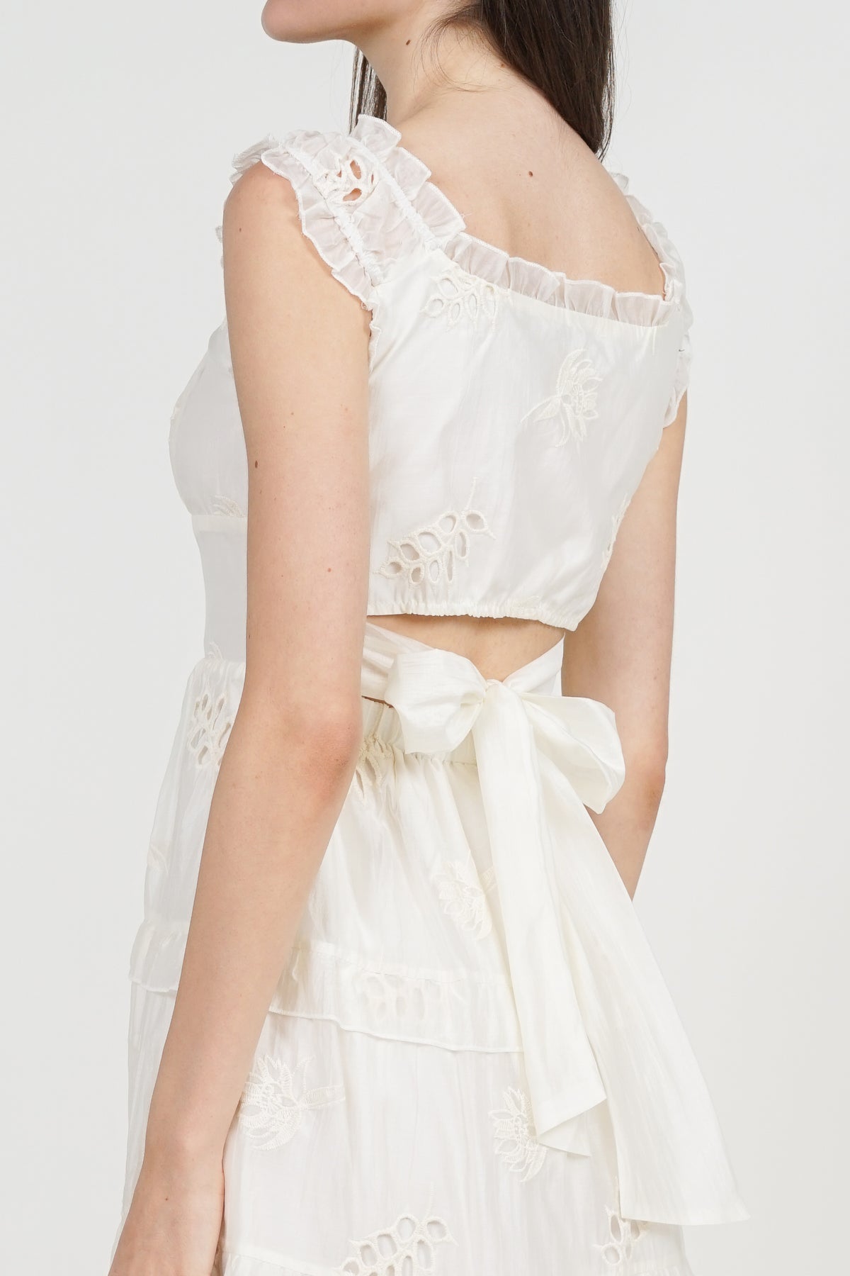 Crochet Ruched Tiered Dress in Apricot