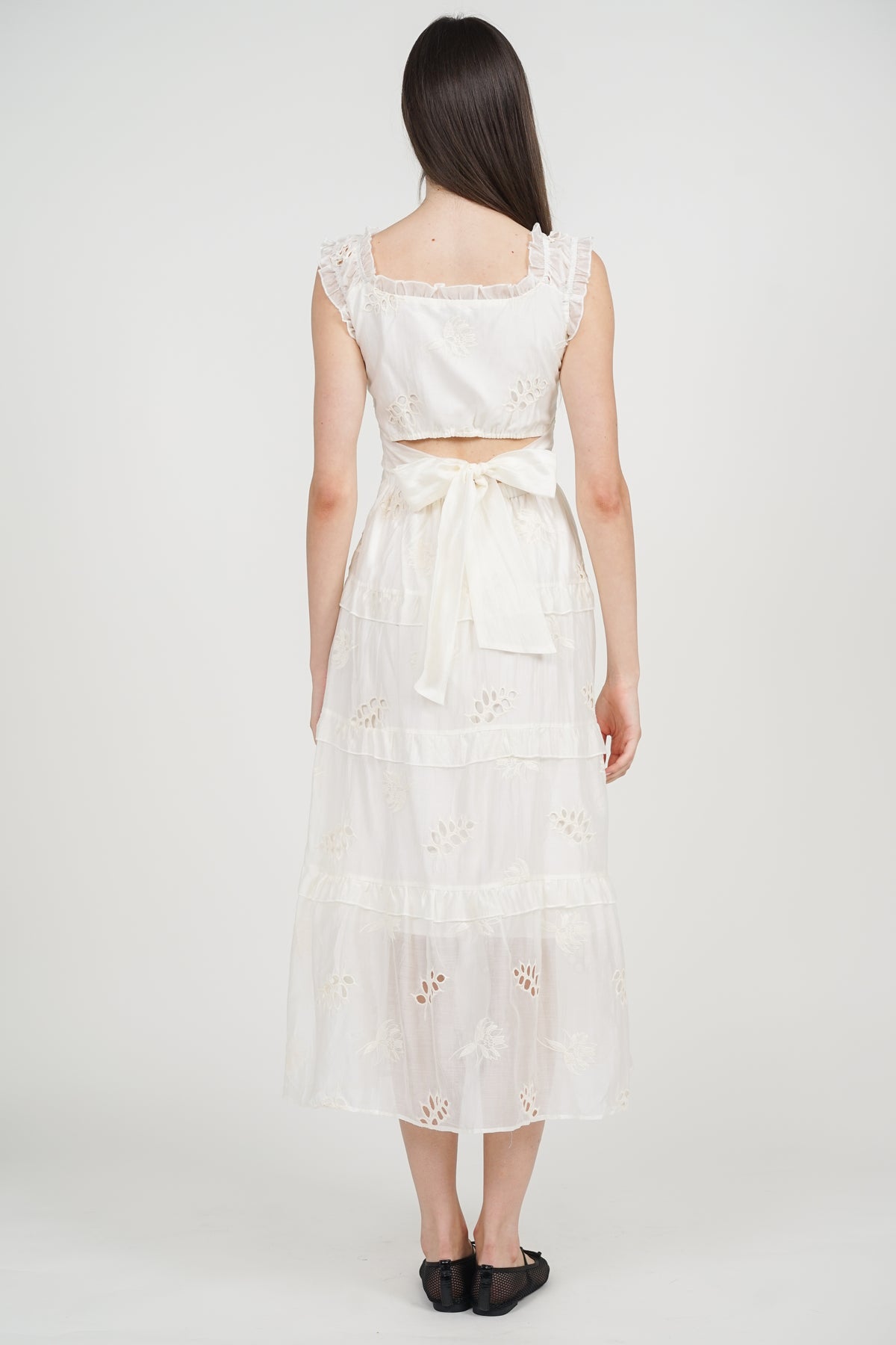 Crochet Ruched Tiered Dress in Apricot