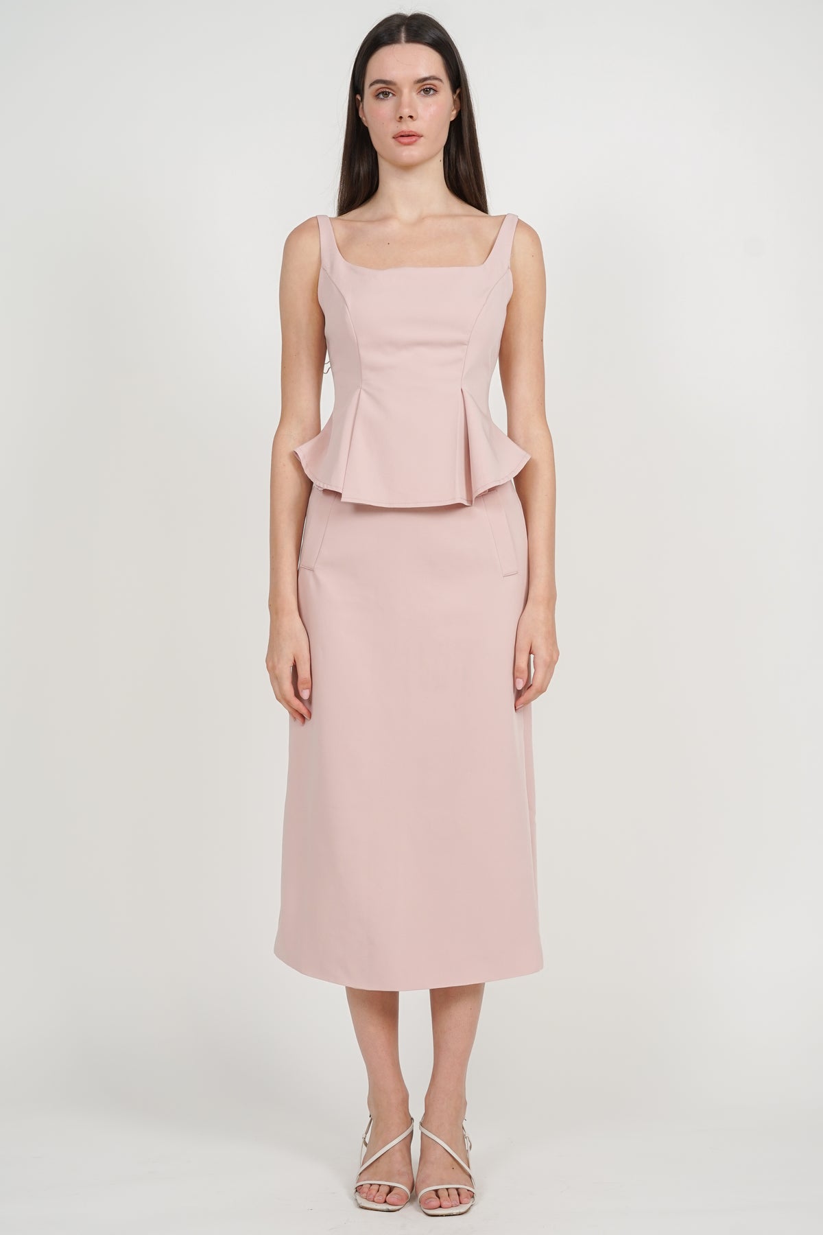 Peplum Top with Straight Cut Skirt Set in Lotus Pink