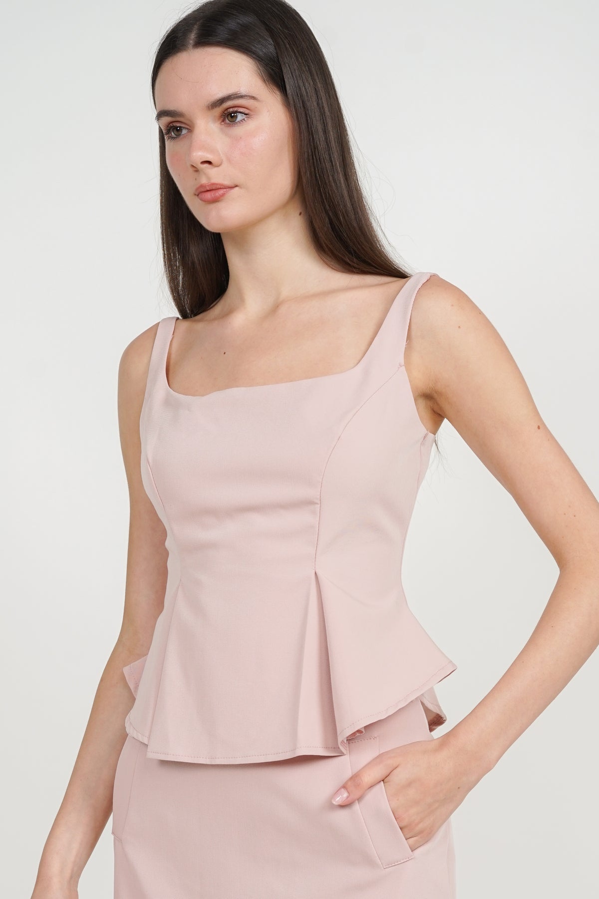 Peplum Top with Straight Cut Skirt Set in Lotus Pink