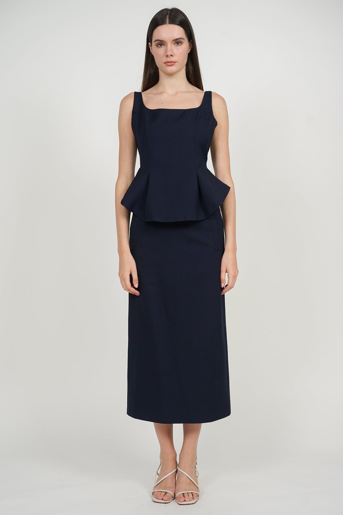 Peplum Top with Straight Cut Skirt Set in Midnight