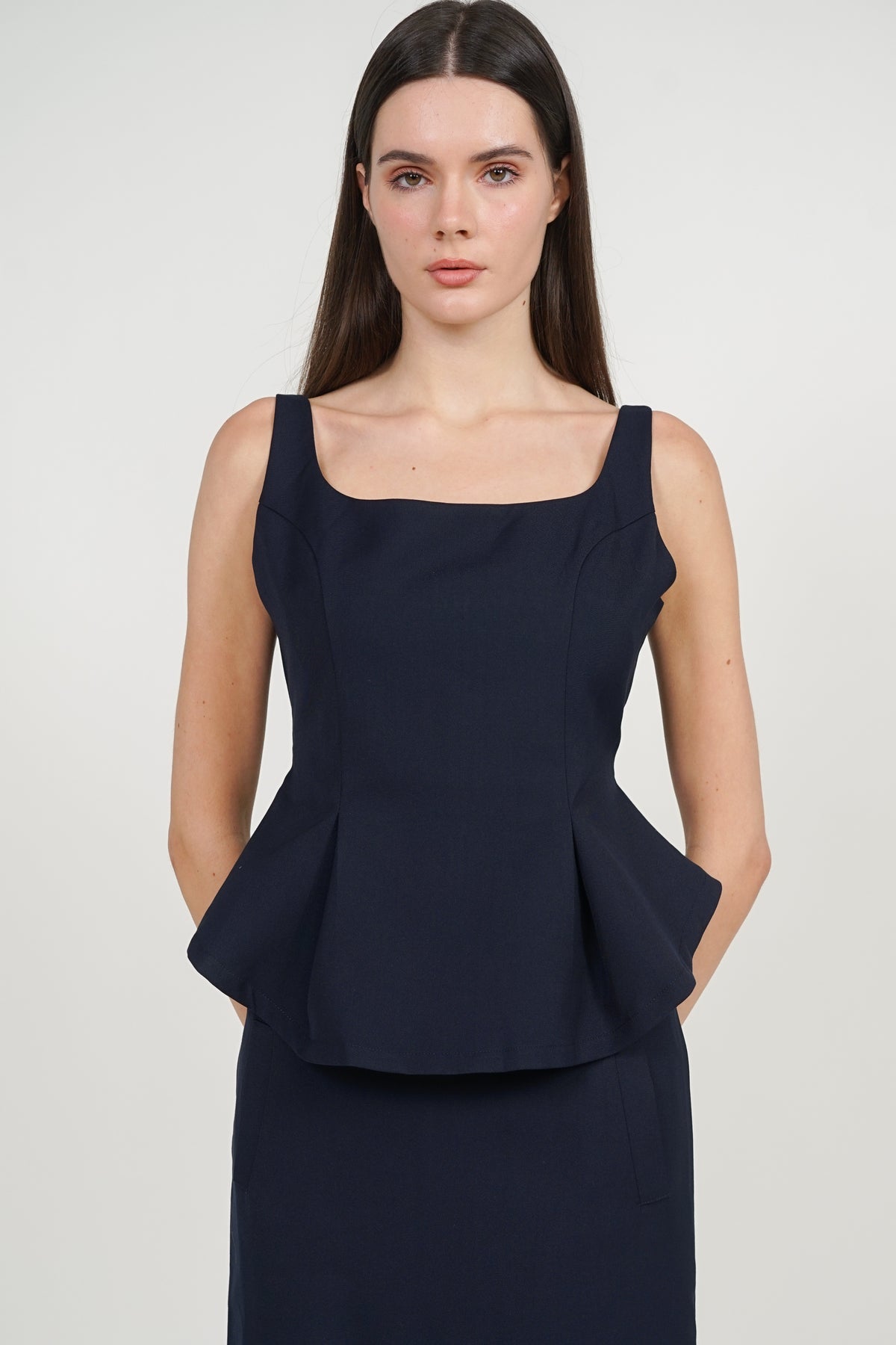 Peplum Top with Straight Cut Skirt Set in Midnight