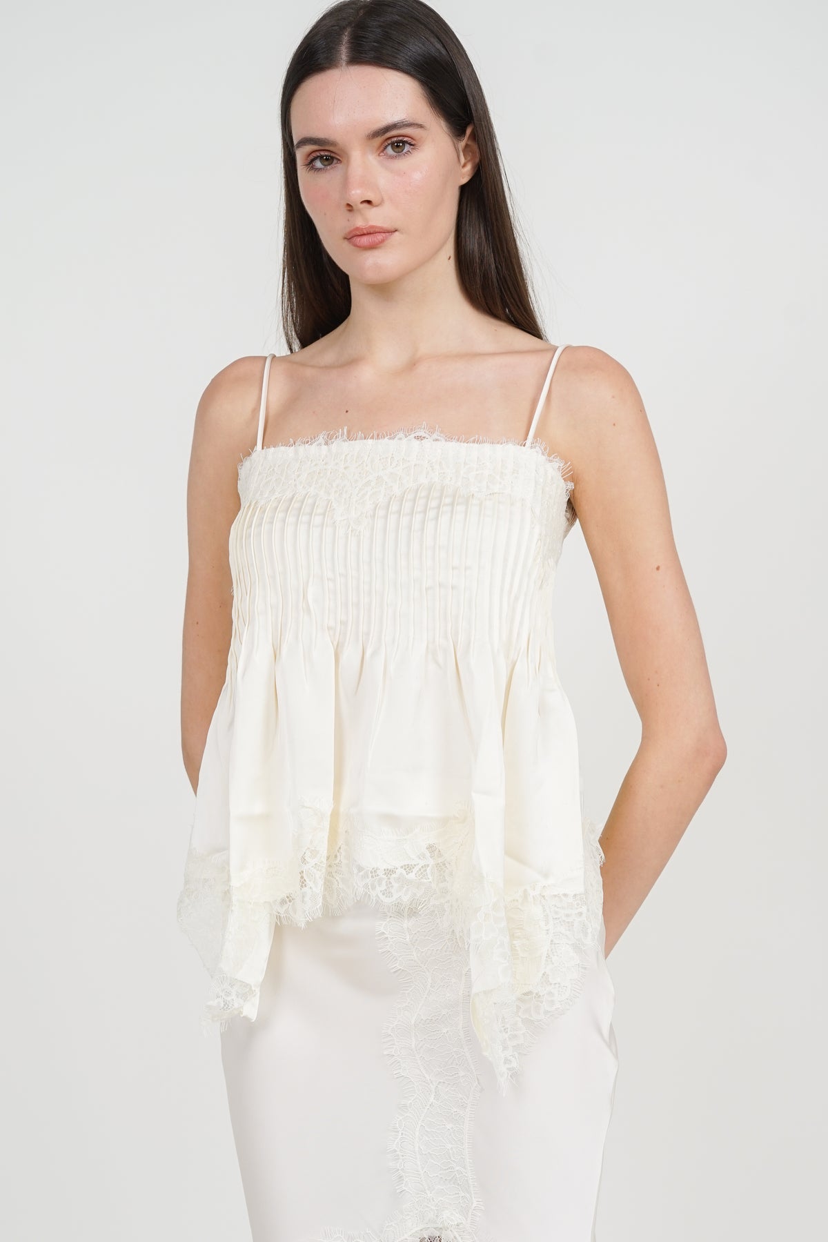 Pintuck Cami Top in Apricot Lace Trim