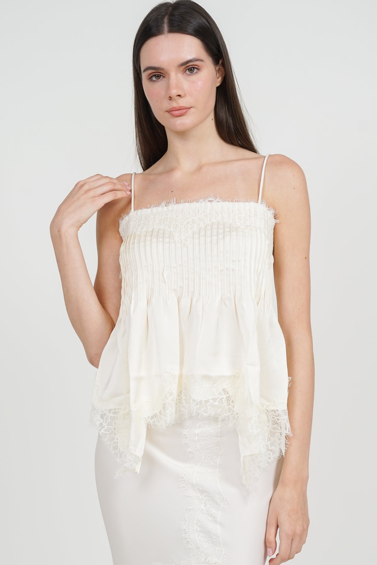 Pintuck Cami Top in Apricot Lace Trim