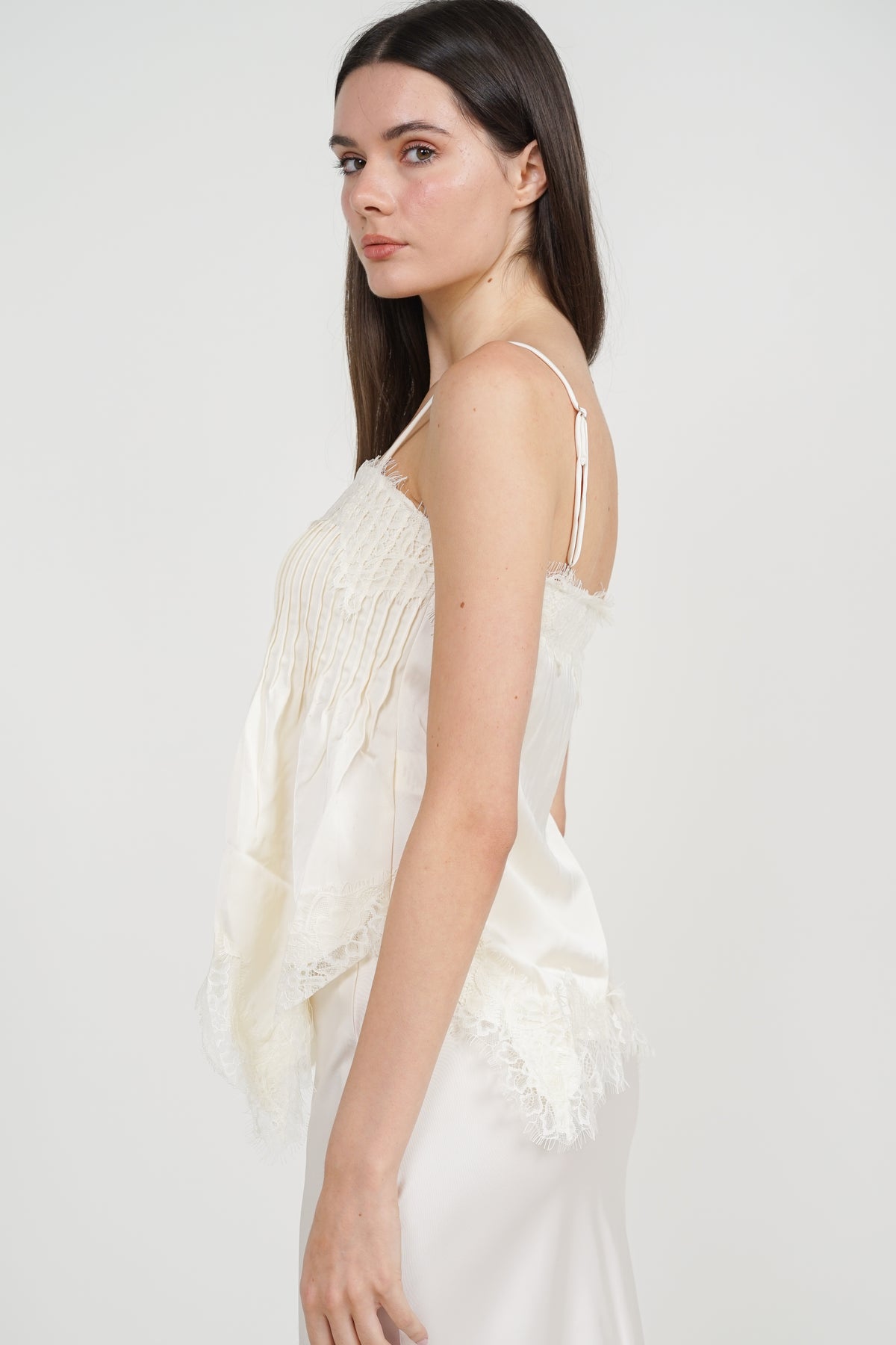 Pintuck Cami Top in Apricot Lace Trim