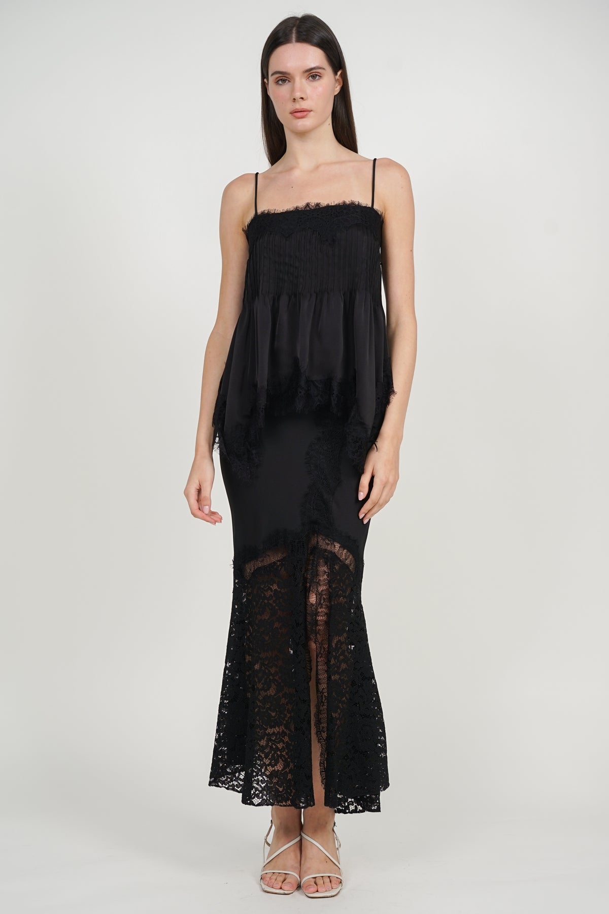 Pintuck Cami Top in Black Lace Trim
