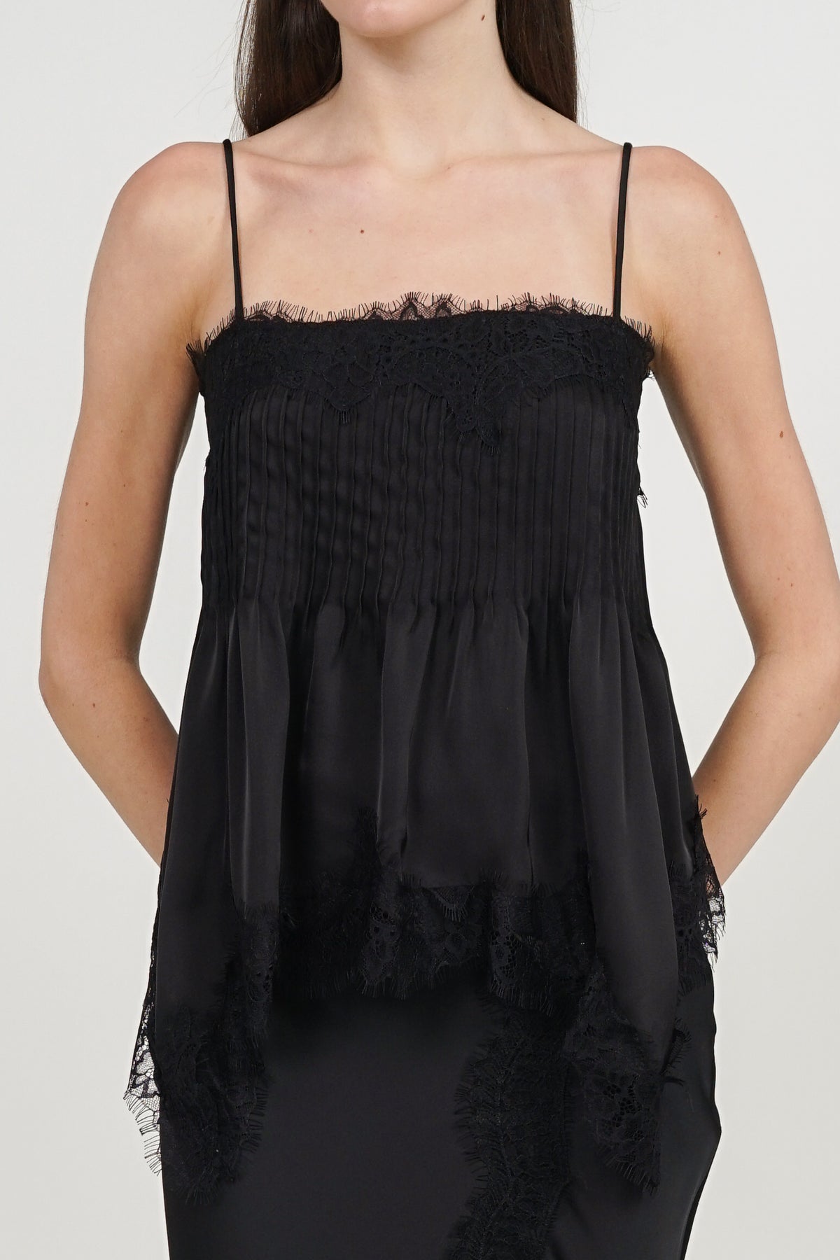 Pintuck Cami Top in Black Lace Trim