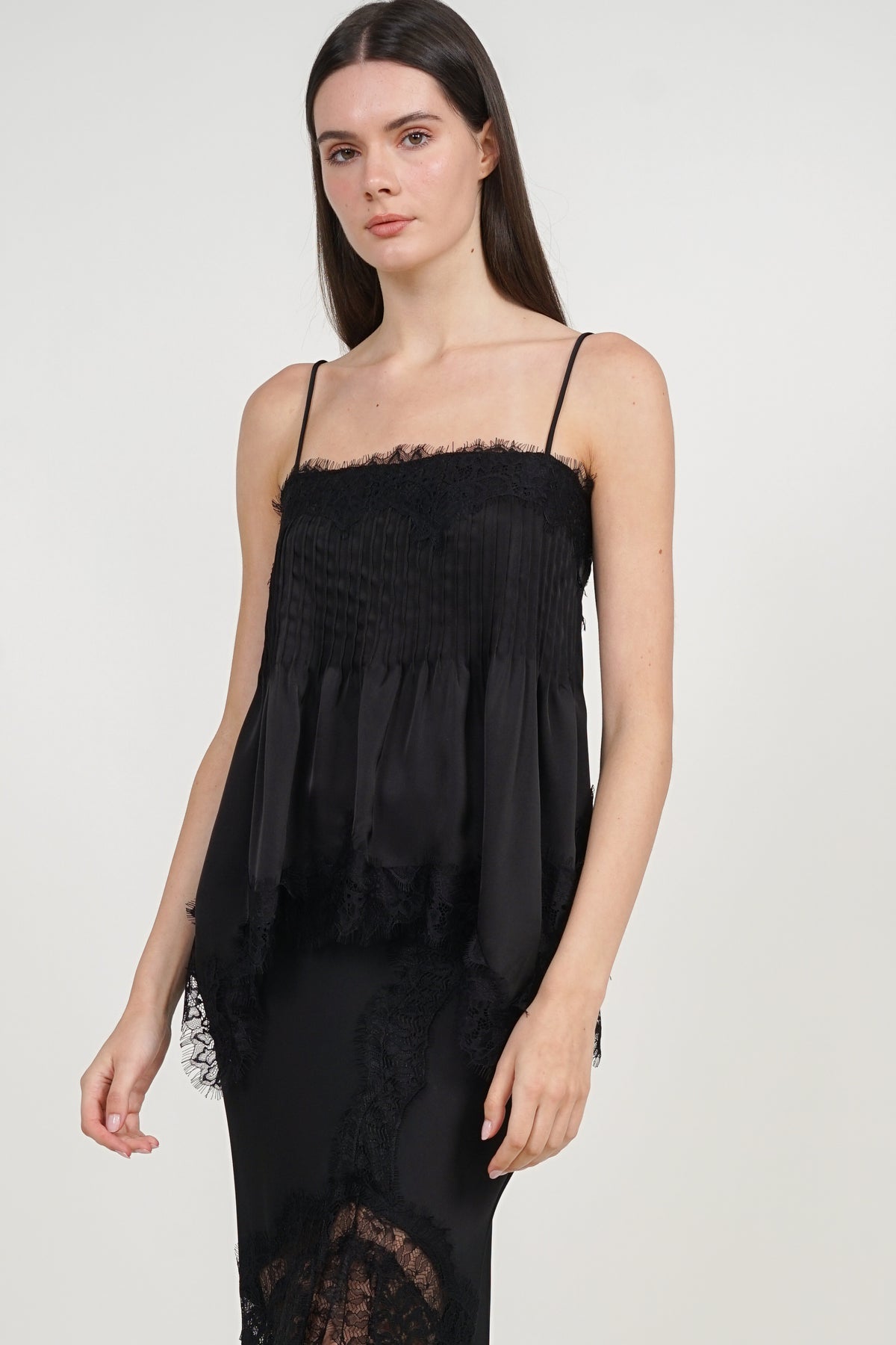 Pintuck Cami Top in Black Lace Trim