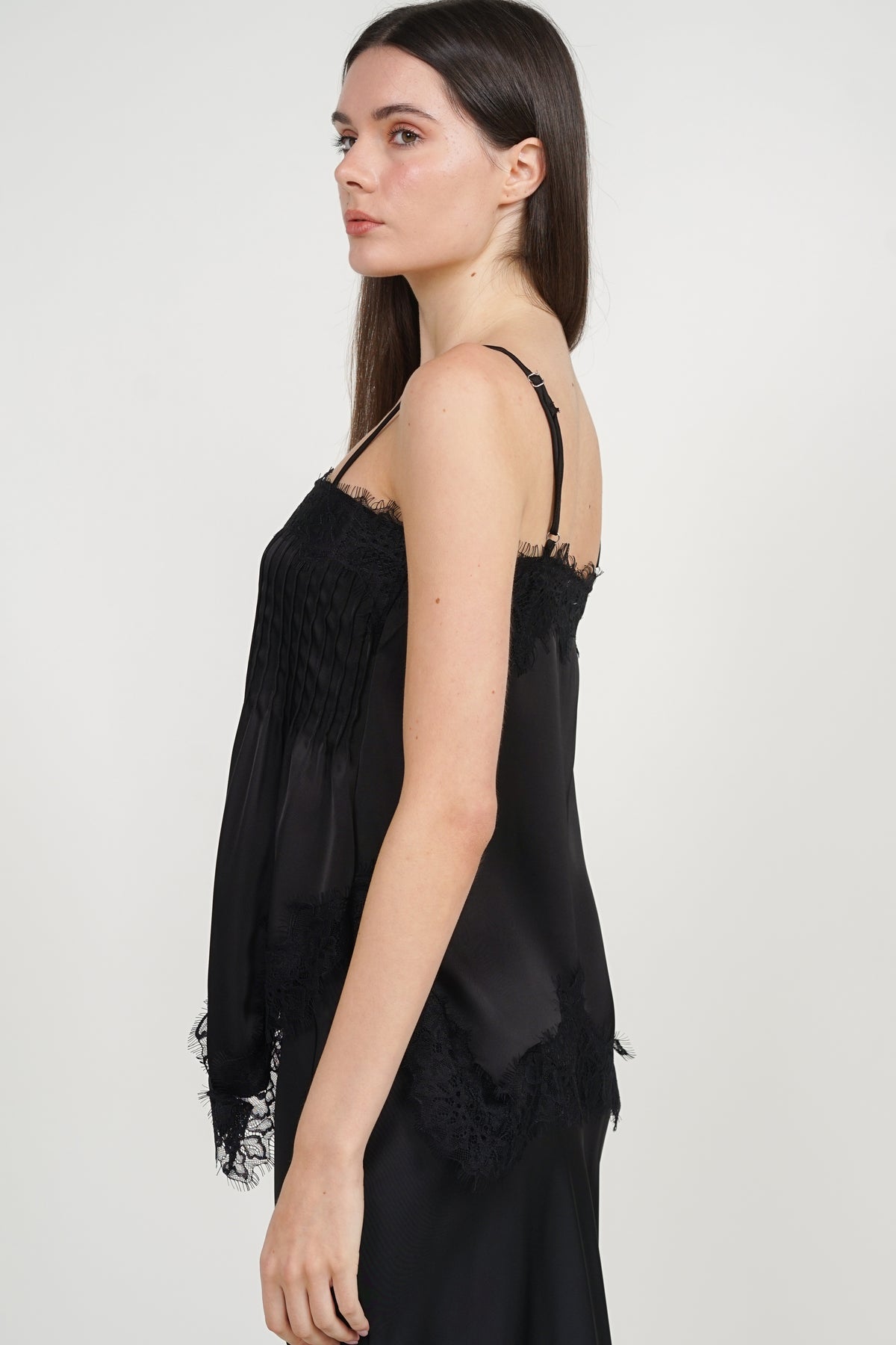 Pintuck Cami Top in Black Lace Trim