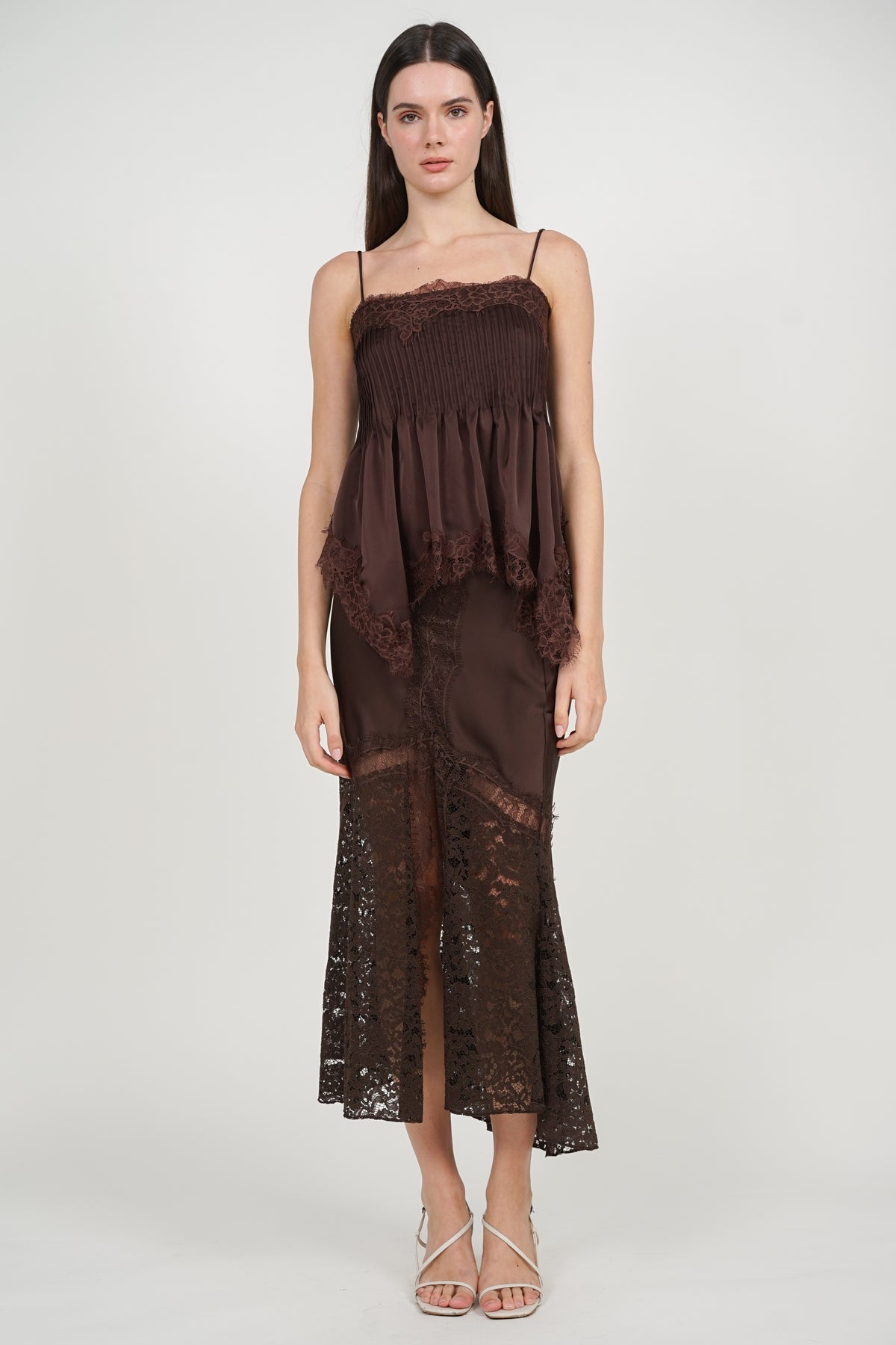 Pintuck Cami Top in Brown Lace Trim