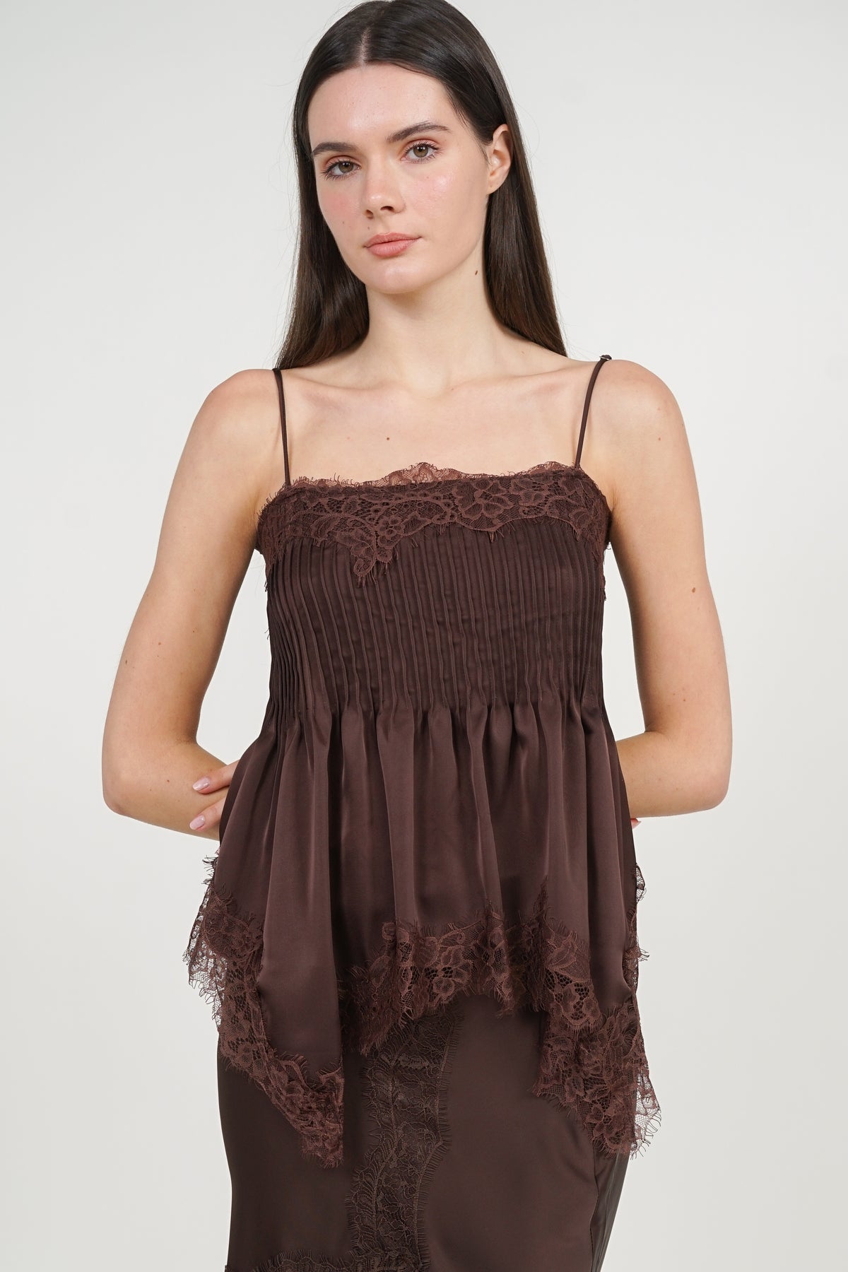 Pintuck Cami Top in Brown Lace Trim