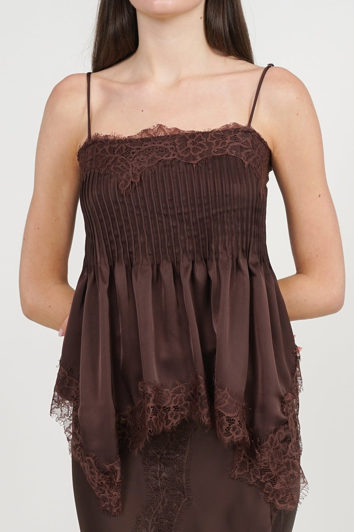 Pintuck Cami Top in Brown Lace Trim