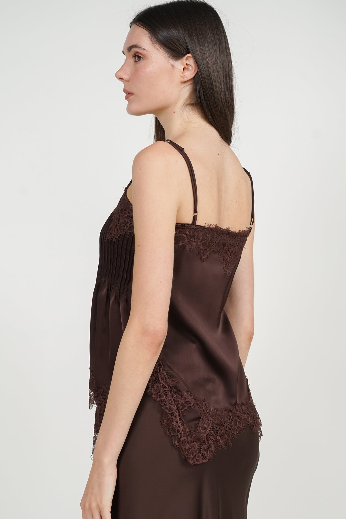 Pintuck Cami Top in Brown Lace Trim