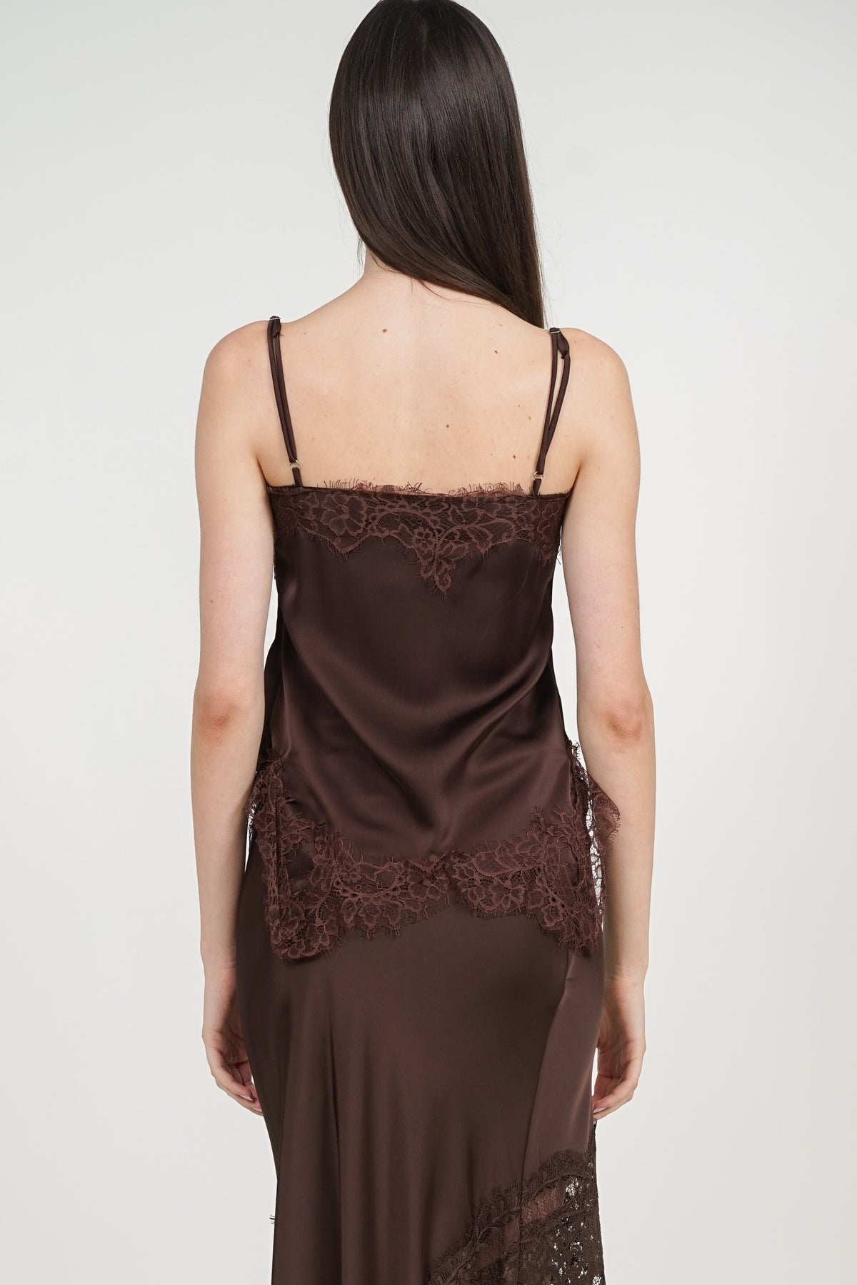 Pintuck Cami Top in Brown Lace Trim