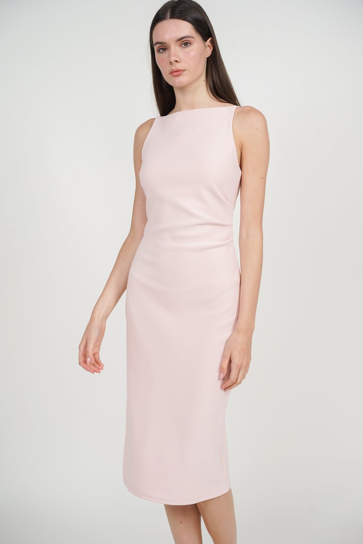 Draped Square Neck Side Slit Dress in Pink
