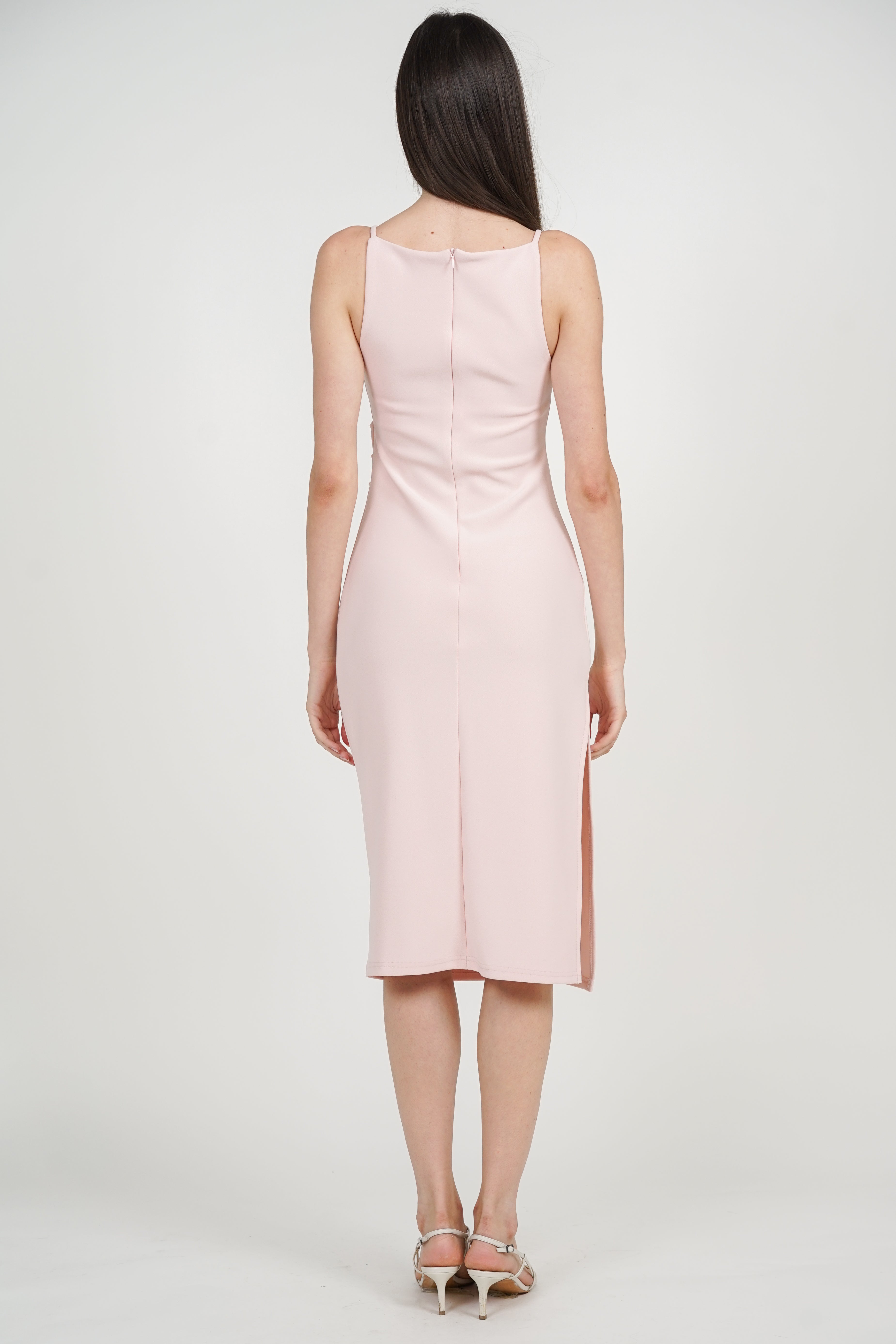 Draped Square Neck Side Slit Dress in Pink