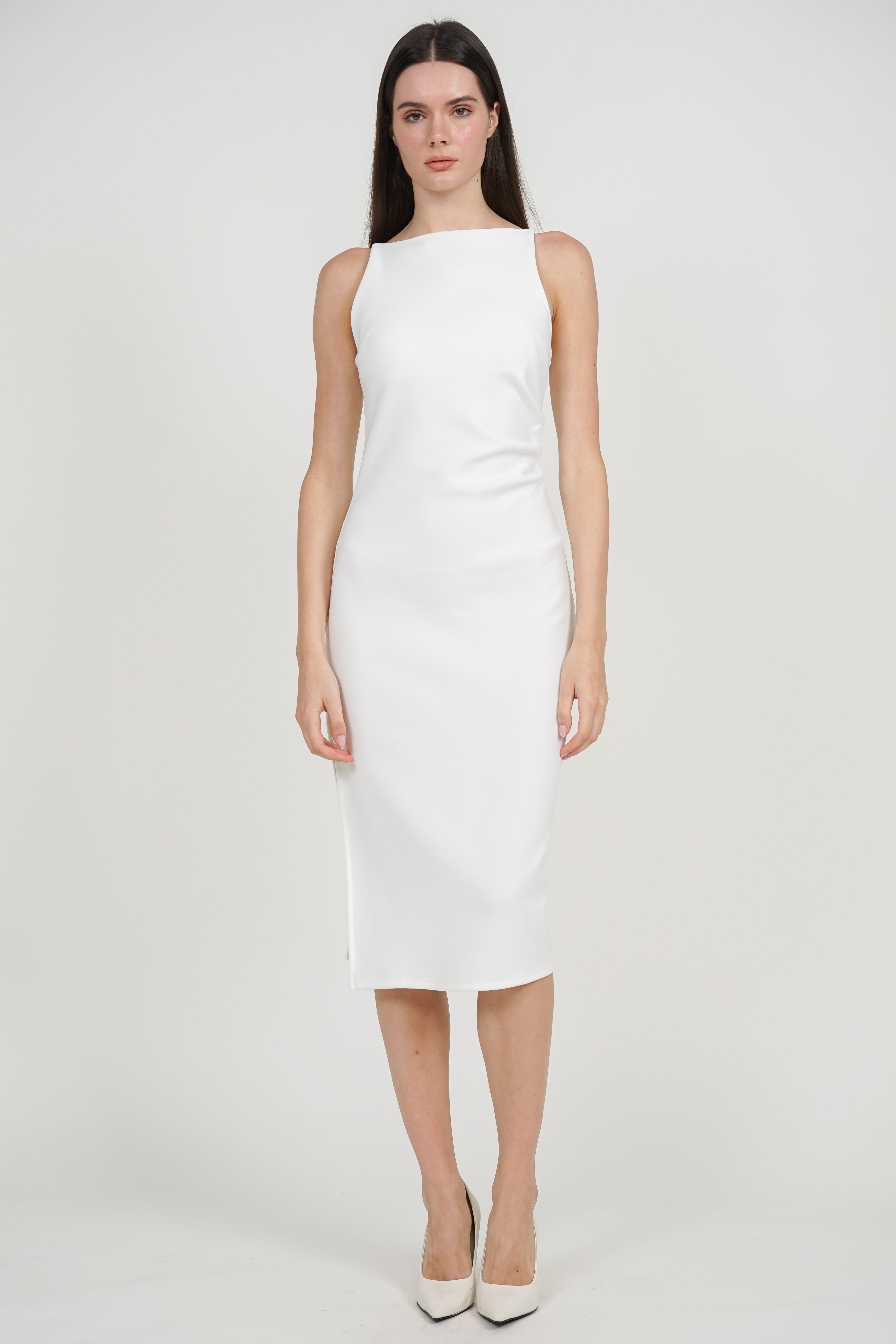 Draped Square Neck Side Slit Dress in White