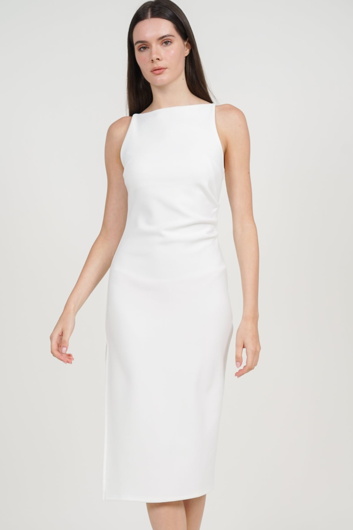 Draped Square Neck Side Slit Dress in White