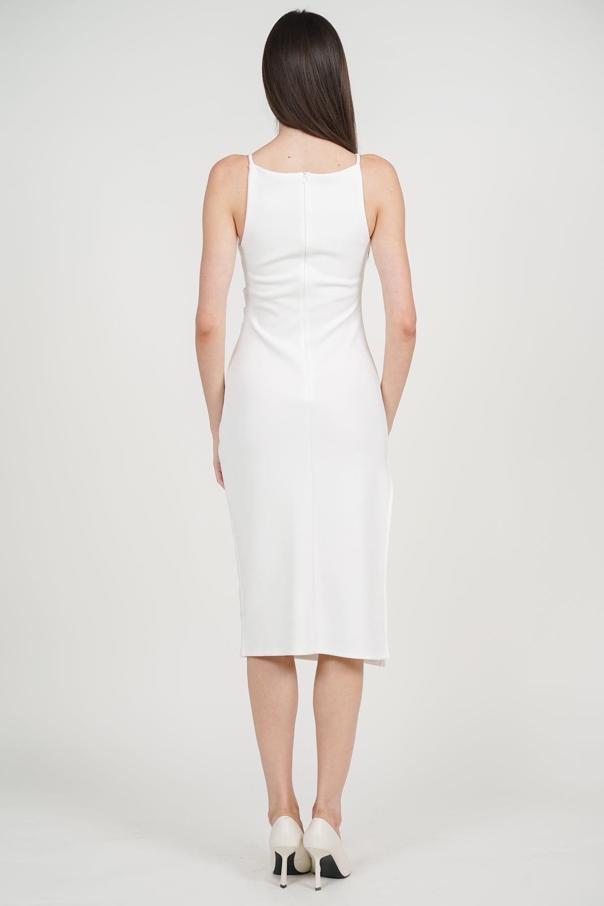 Draped Square Neck Side Slit Dress in White