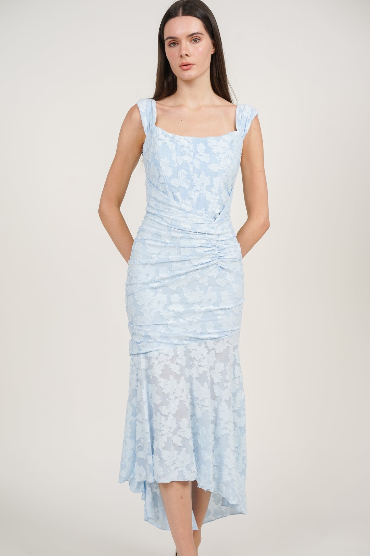 Corset High-Low Ruched Dress in Blue Floral