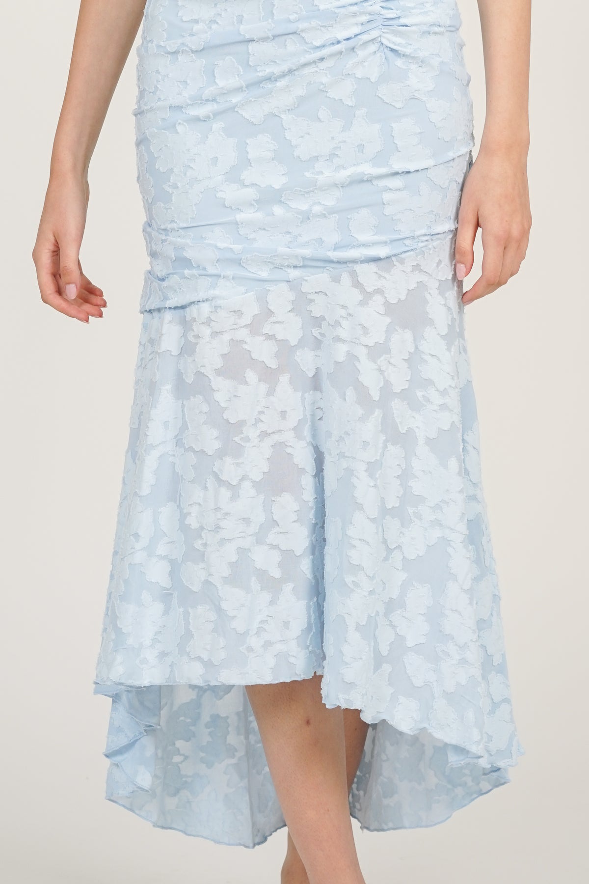 Corset High-Low Ruched Dress in Blue Floral