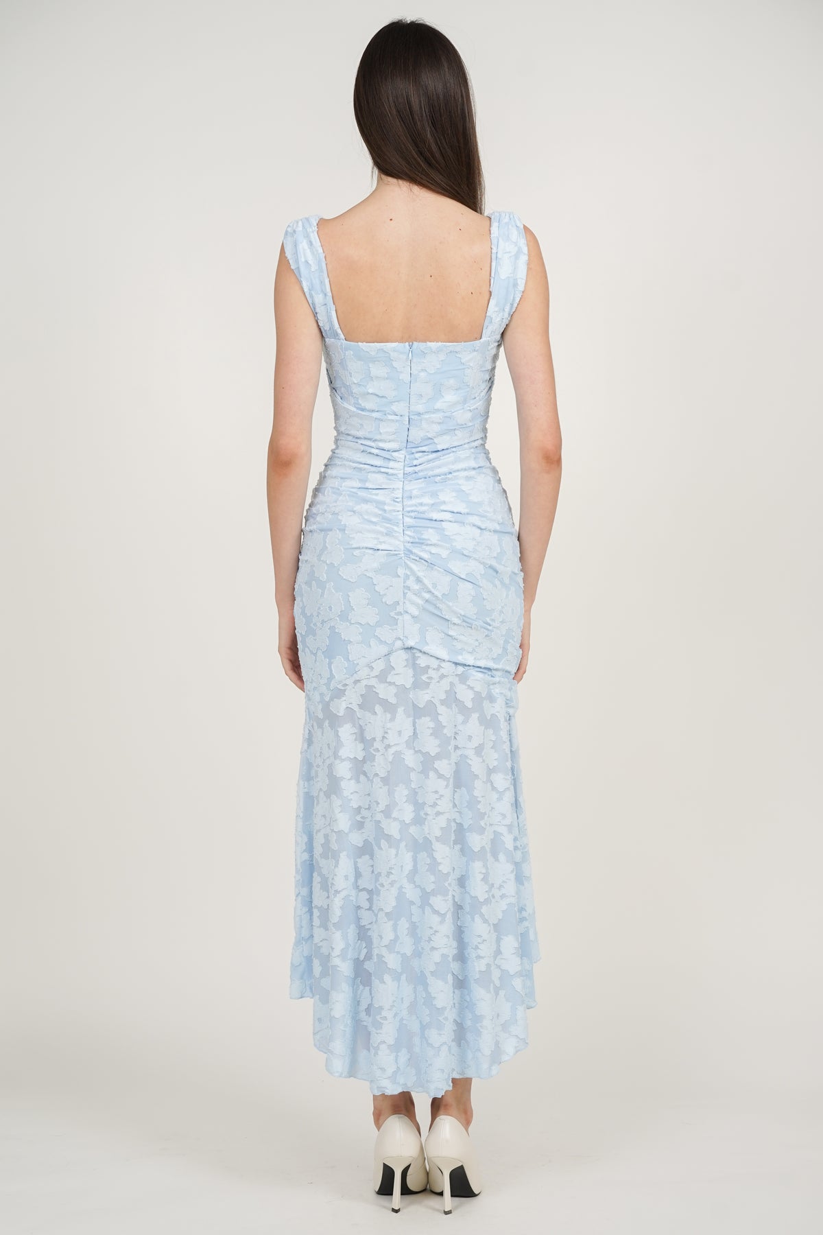Corset High-Low Ruched Dress in Blue Floral