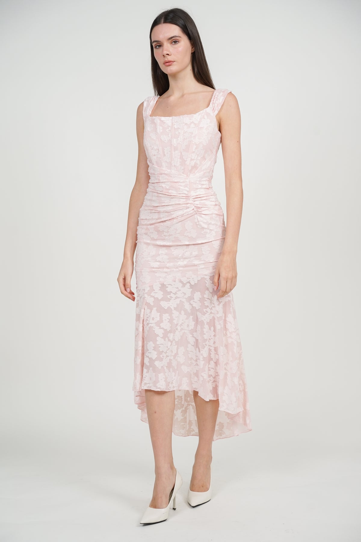 Corset High-Low Ruched Dress in Pink Floral