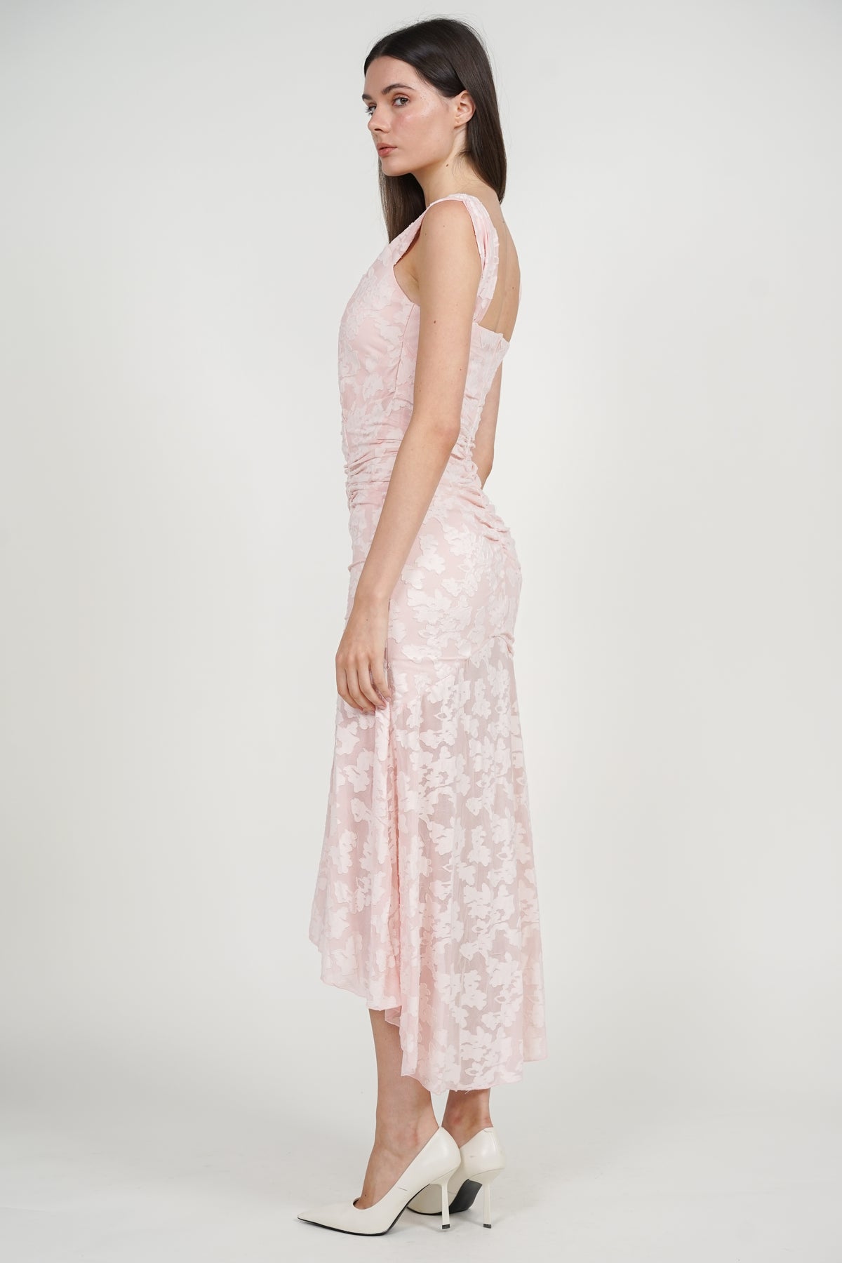 Corset High-Low Ruched Dress in Pink Floral