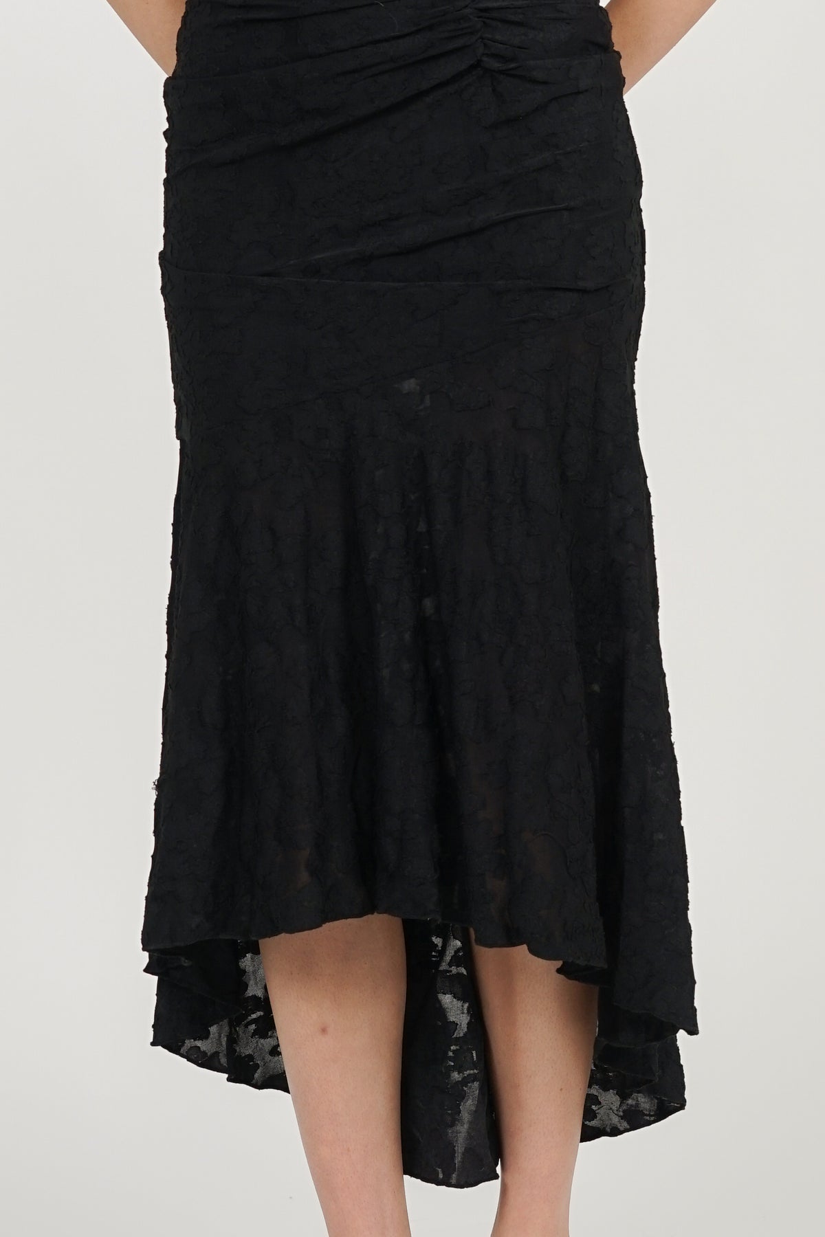 Corset High-Low Ruched Dress in Black Floral