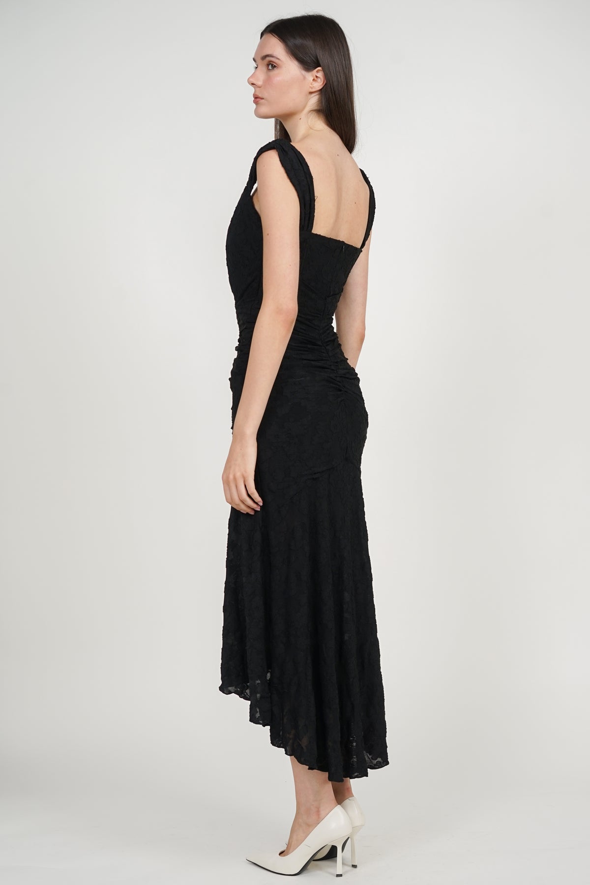 Corset High-Low Ruched Dress in Black Floral