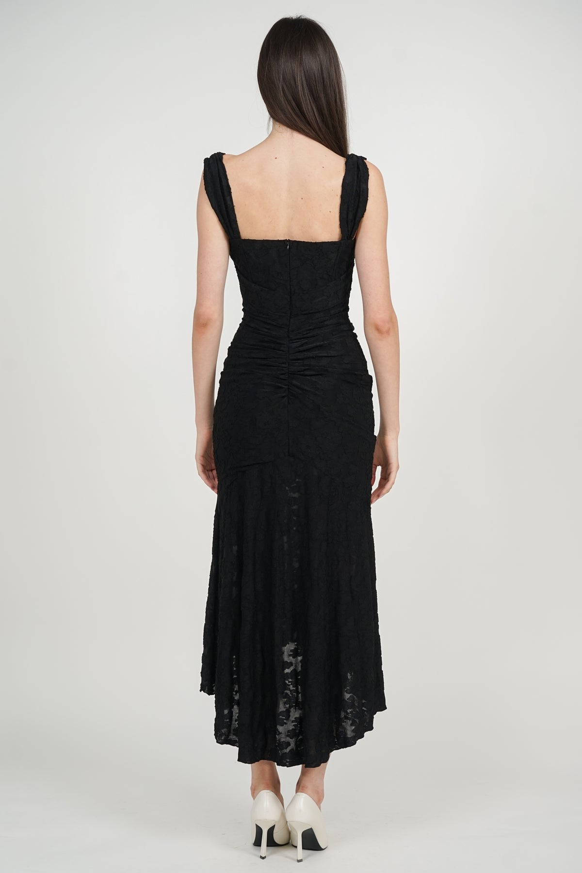 Corset High-Low Ruched Dress in Black Floral