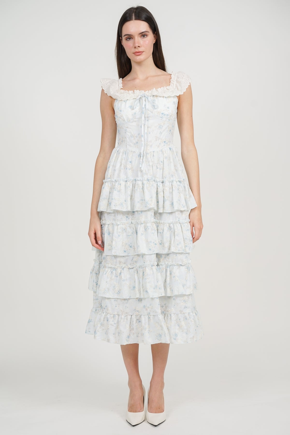 Tiered Maxi Floral Embroidery Dress in Blue
