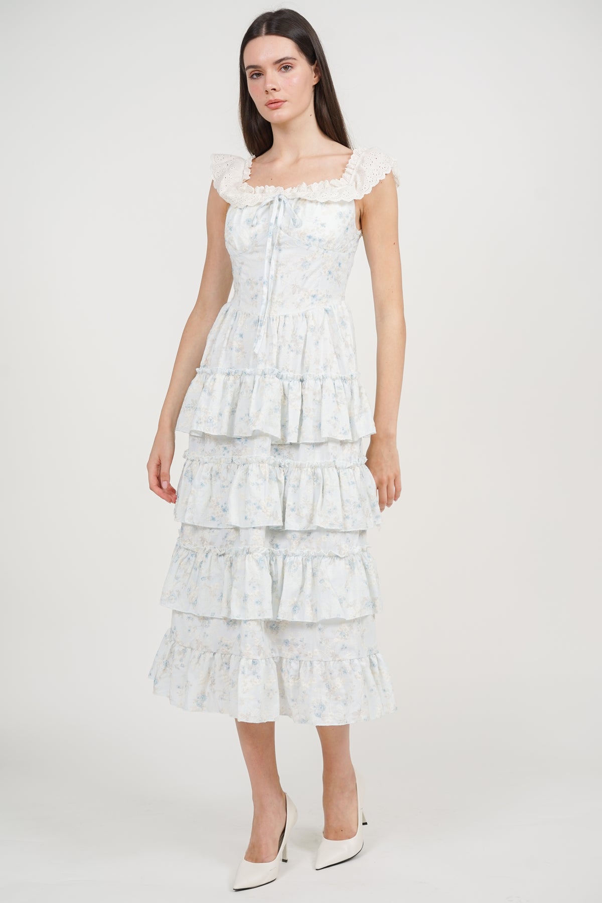 Tiered Maxi Floral Embroidery Dress in Blue
