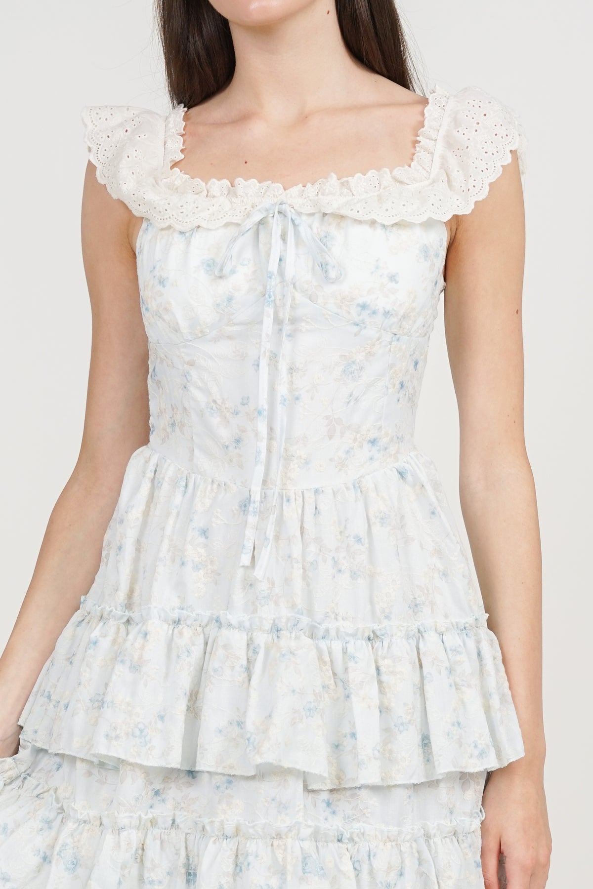 Tiered Maxi Floral Embroidery Dress in Blue
