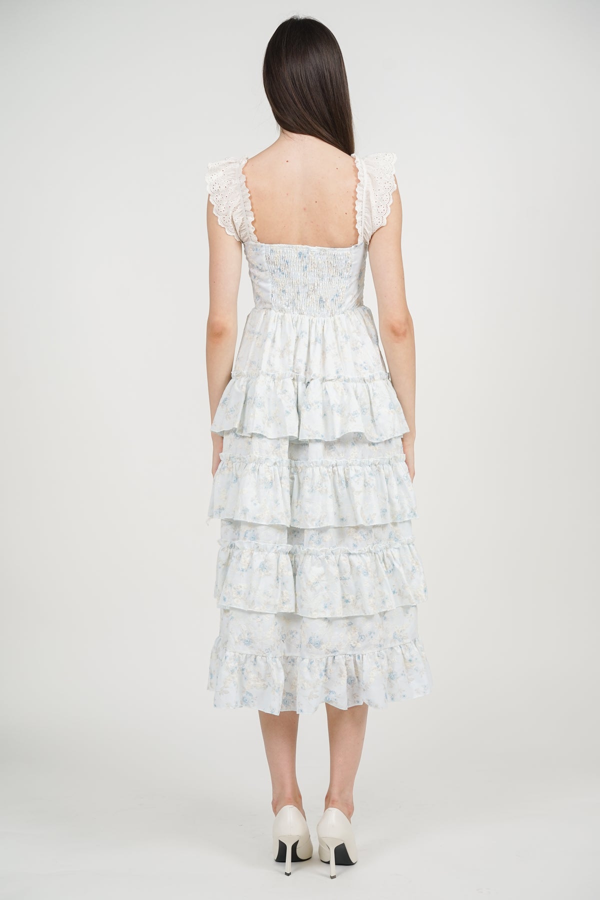 Tiered Maxi Floral Embroidery Dress in Blue