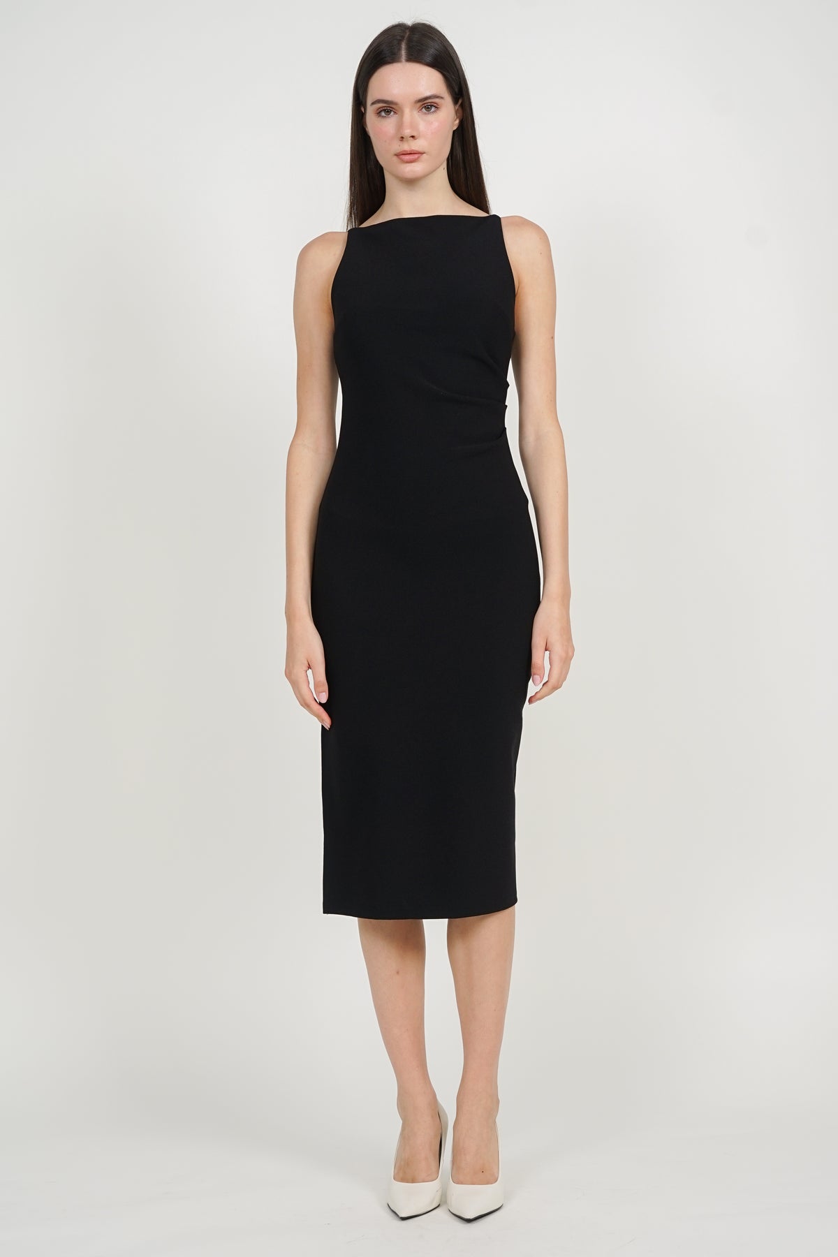 Draped Square Neck Side Slit Dress in Black