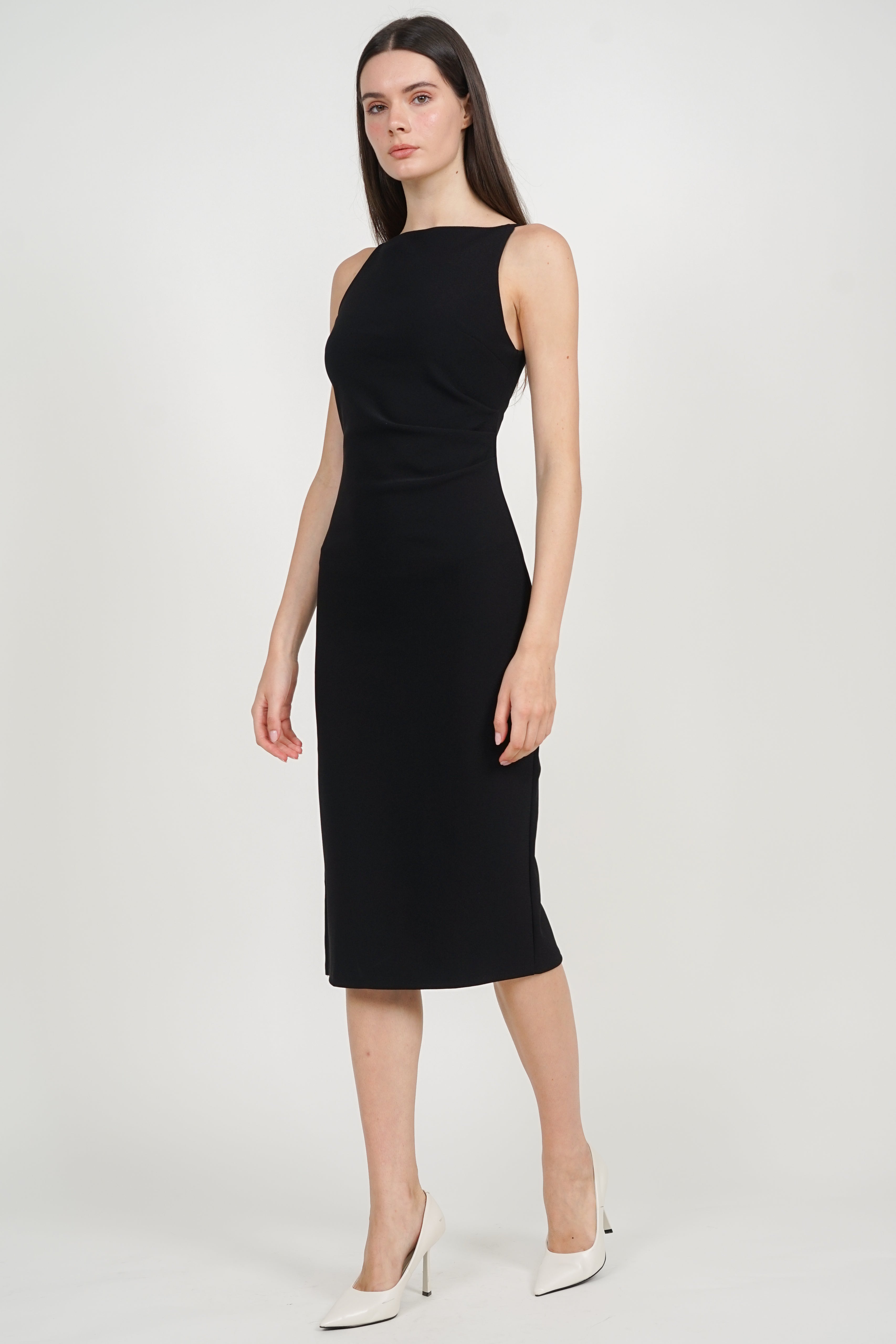 Draped Square Neck Side Slit Dress in Black