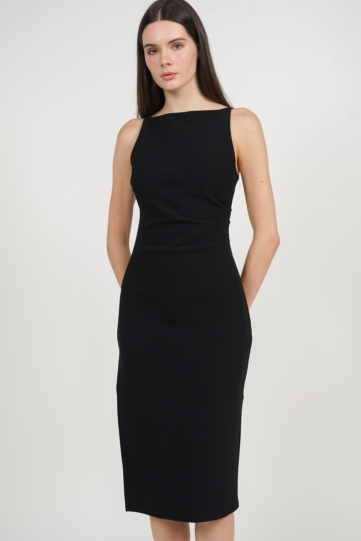 Draped Square Neck Side Slit Dress in Black