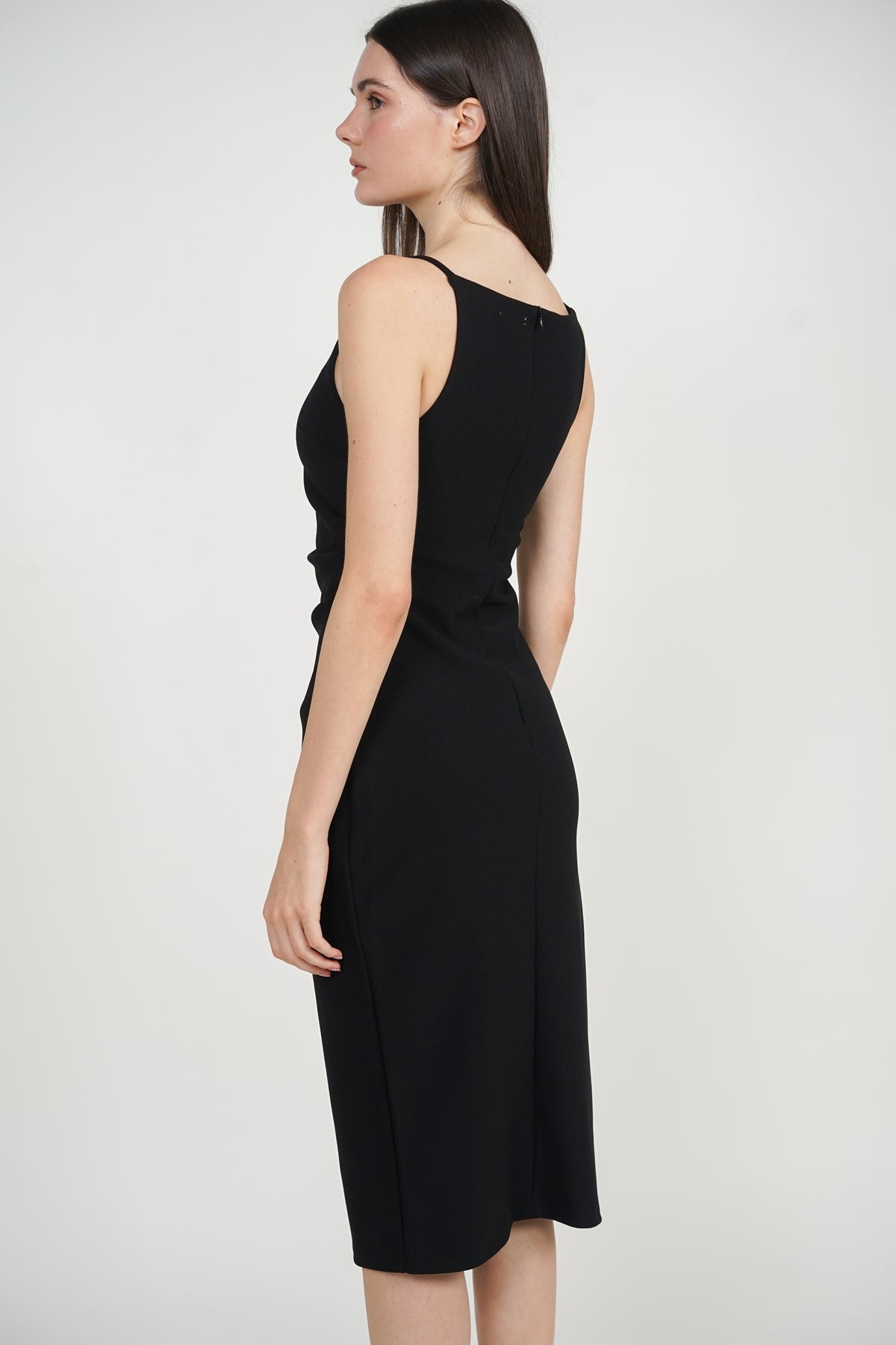 Draped Square Neck Side Slit Dress in Black