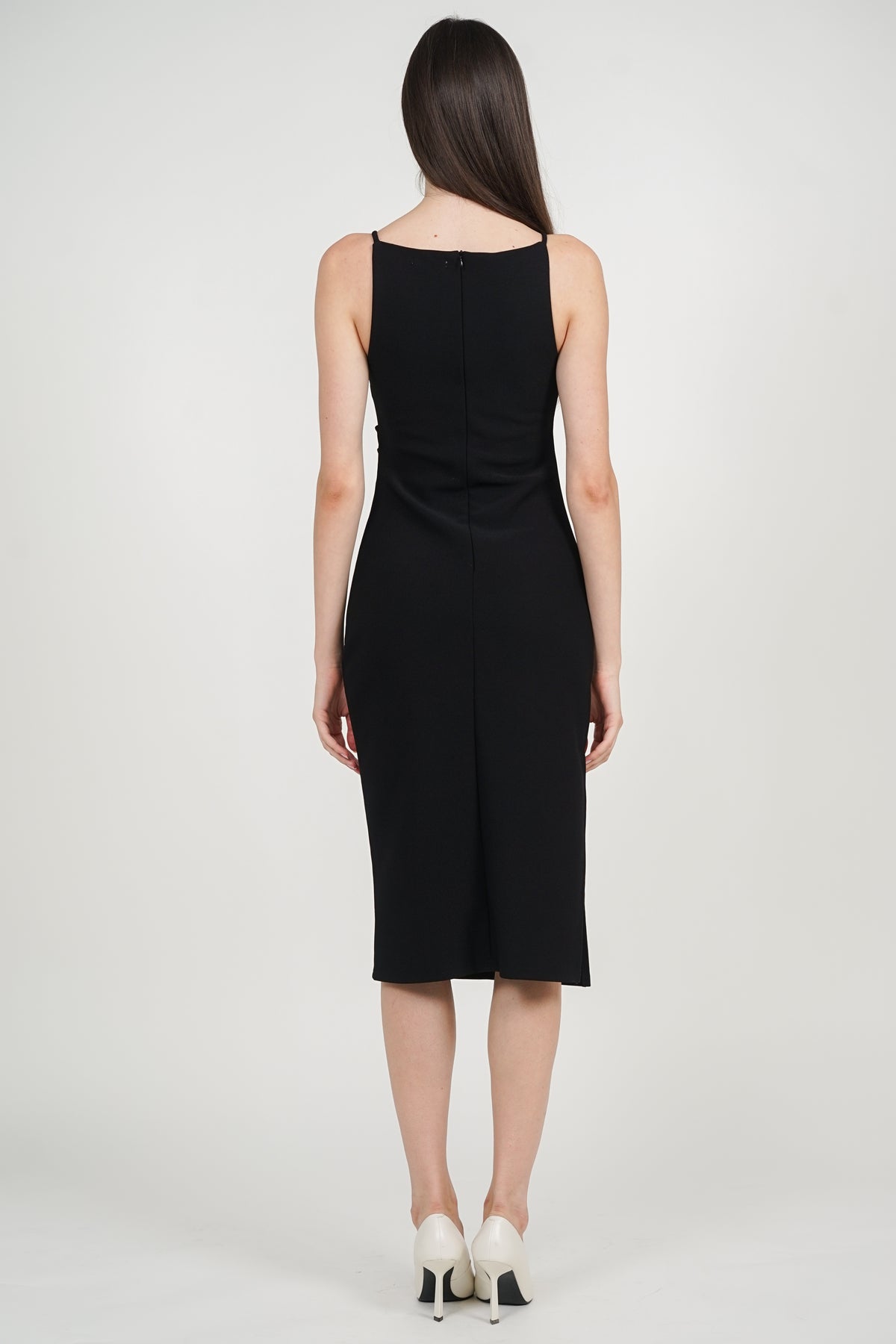 Draped Square Neck Side Slit Dress in Black