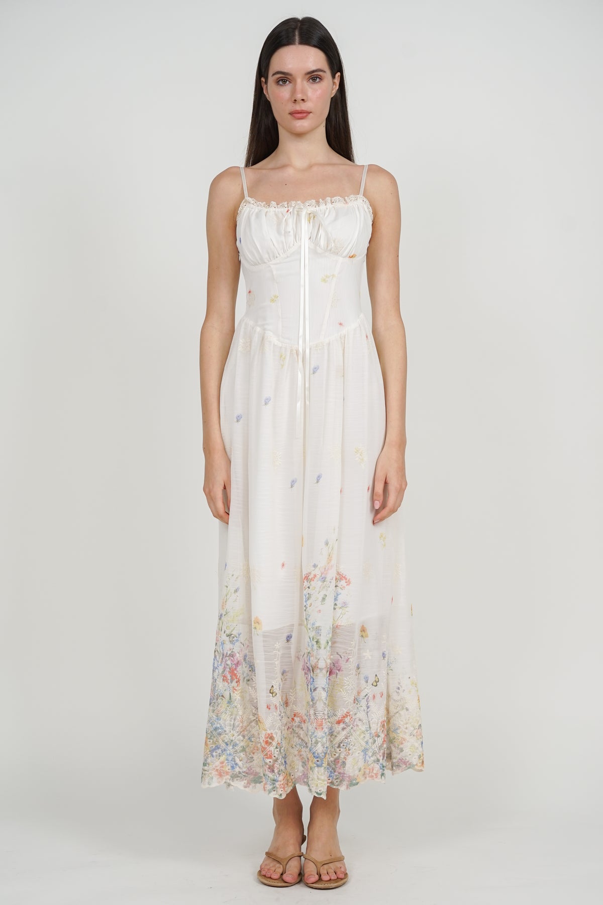 Ruched Bust Cami Dress in White Floral